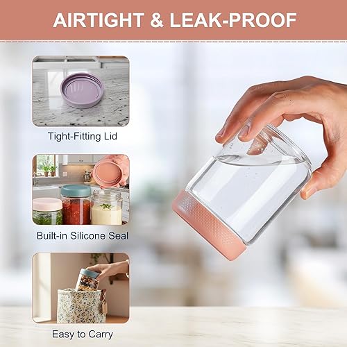 Miniatura 4 de CATIFLIN Paquete de 6 recipientes de avena durante la noche con tapas, tarros de vidrio Mason de 16 onzas y 10 onzas, recipientes herméticos de