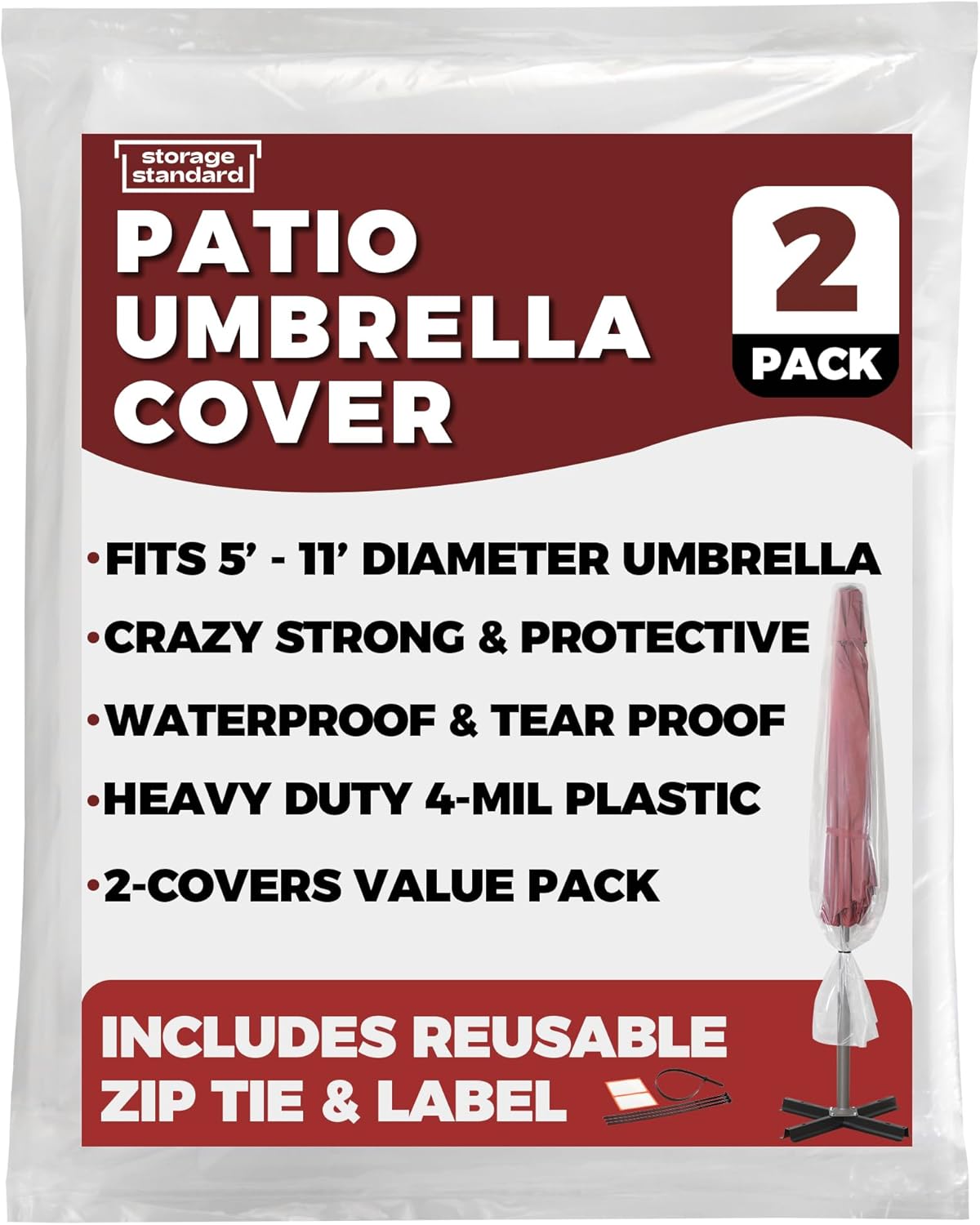 2-Pack Patio Umbrella Cover Bags - Clear Outdoor Patio Umbrella Covers Waterproof, Reusable Heavy-Duty 4-Mil Plastic – Includes Zip Ties & Labels, Bag Fits 5 to 11-Foot Diameter Umbrellas - Image 2