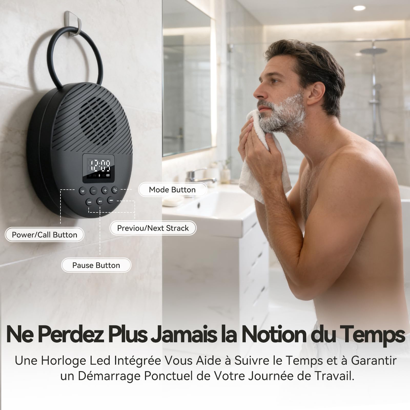 AGPTEK Enceinte Douche Bluetooth 5.4 Portable, Radio de Douche Haut-Parleur Etanche IPX5 avec Ventouse et Lanière, Ecran LCD, Basse HD, 12H Lecture, Appels Mains Libres sans Fil pour Salle de Bain