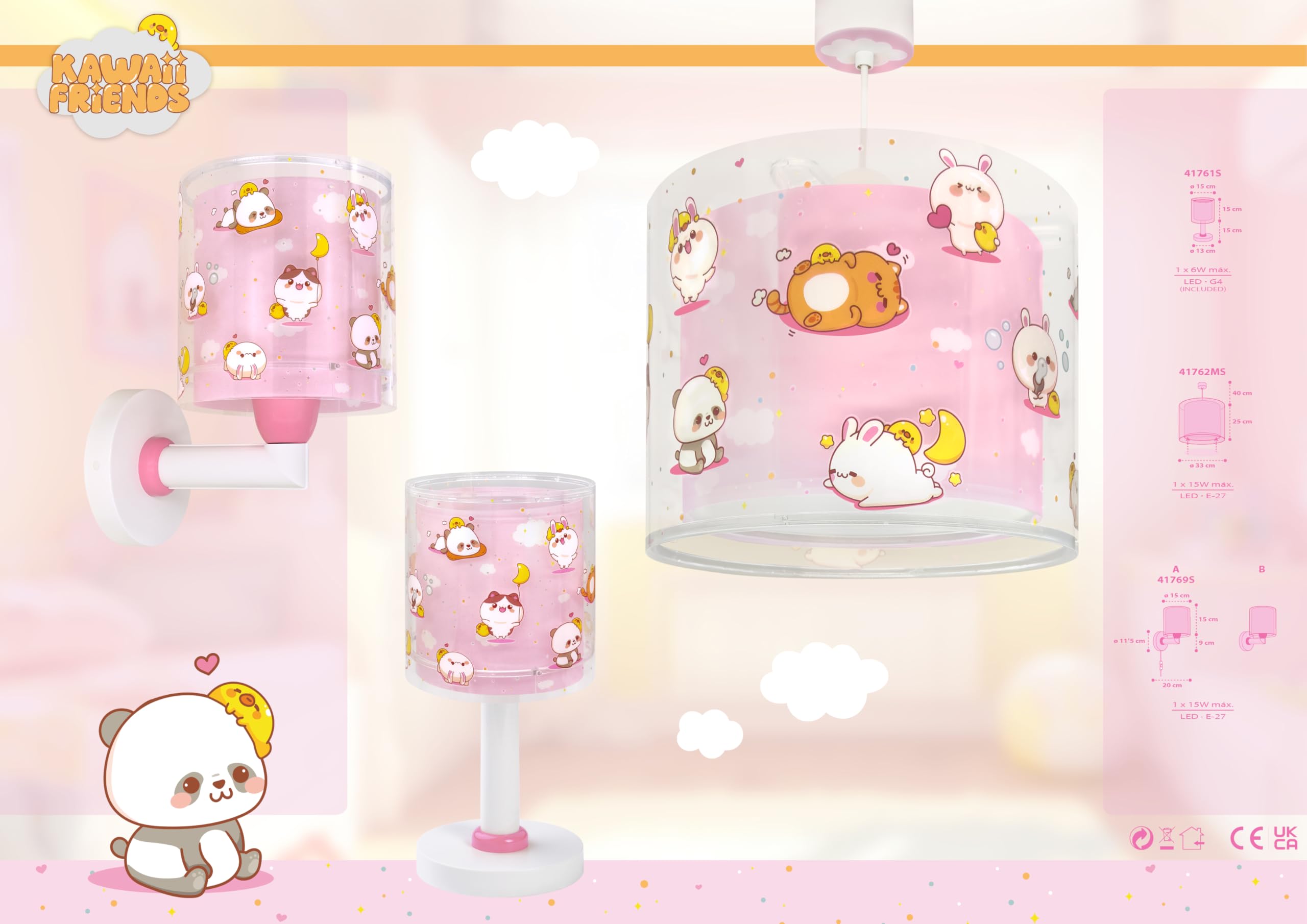 Dalber Lampada a sospensione Kawaii Friends, con animali rosa, modello 41762MS, attacco E27, ideale per bambini e camerette.