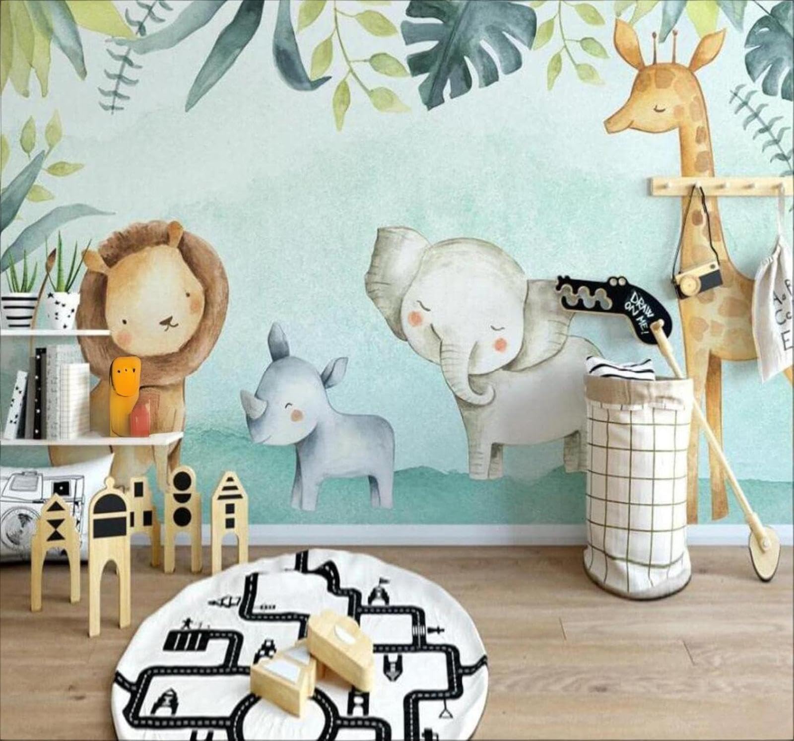 XLMING Cartoon Cute Elephant Giraffe Green Leaves 3D Wallpaper Luxury Home Dining Decor Paste Sofa Living Room The Wall for Bedroom Mural-200cm×140cm