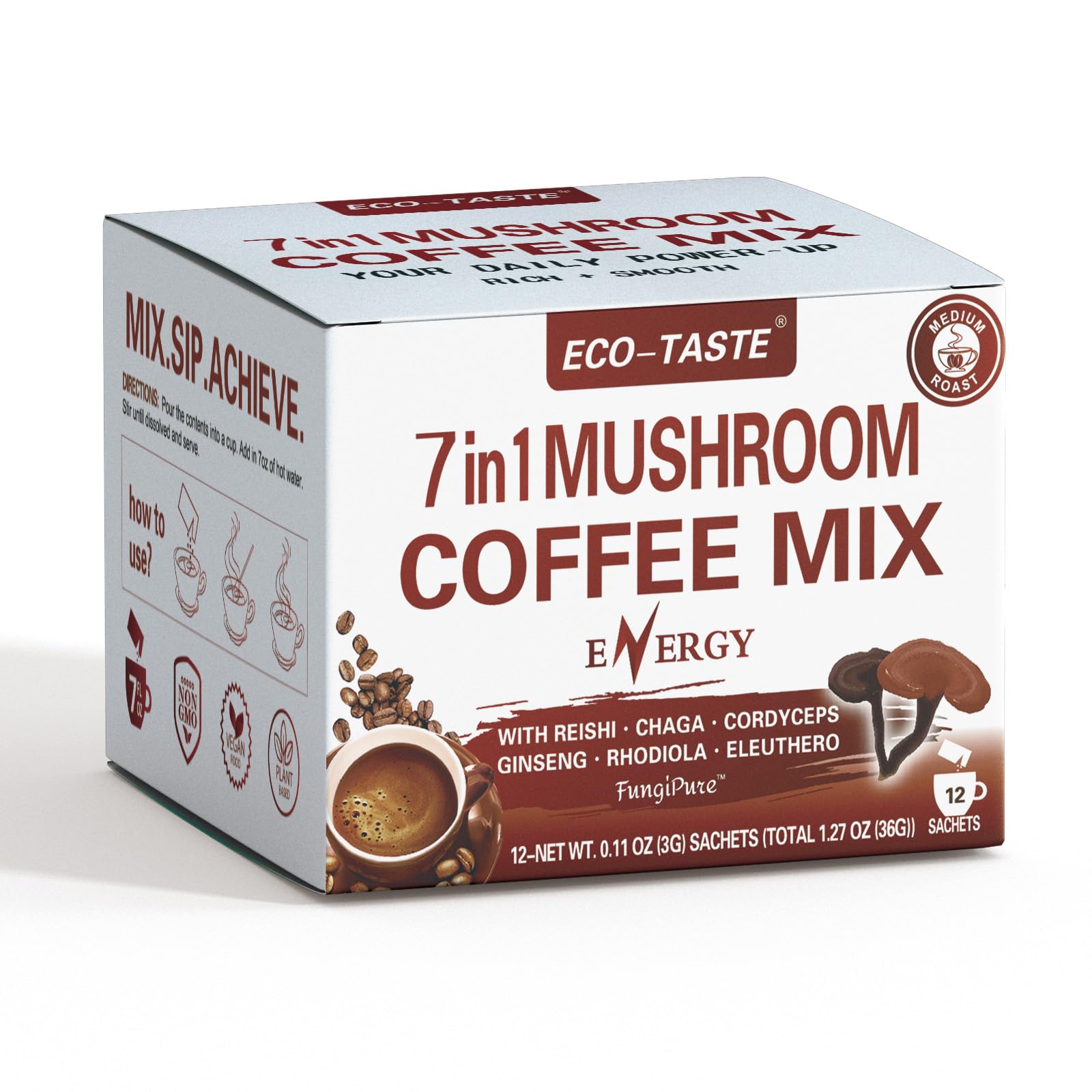 Mushroom Coffee Mix 7 in 1, TCM Designed for Energy with Reishi, Cordyceps, Chaga, Rhodiola, Ginseng, and Eleuthero Mushroom Extracts – 12 Sachets
