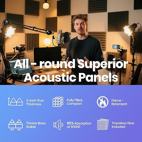 Miniatura 6 de Focusound Paneles acústicos, paquete de 50 unidades de 2 x 12 x 12 pulgadas con 300 adhesivos de doble cara, espuma piramidal a prueba de sonido