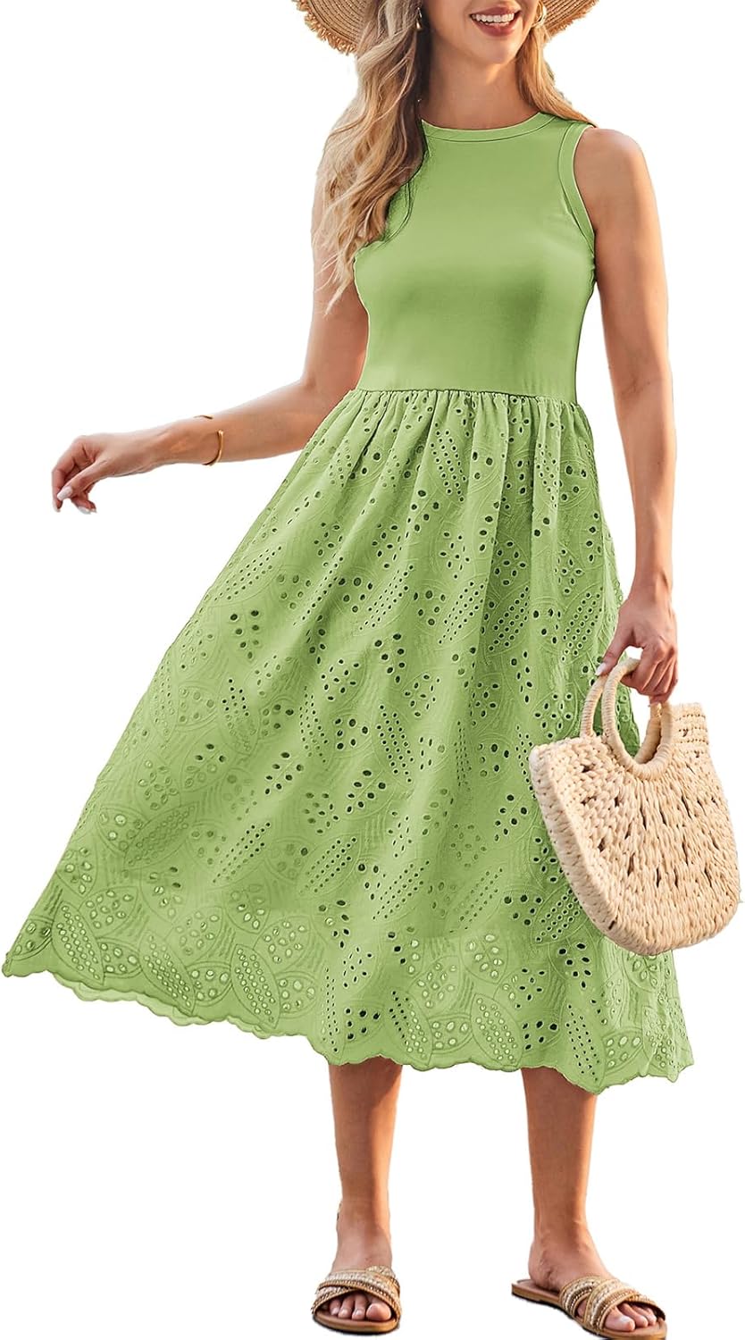 GRACE KARIN Women’s Summer Sleeveless Tank Dress A Line Midi Dress Eyelet Crewneck Casual Holiday Dress with Pockets