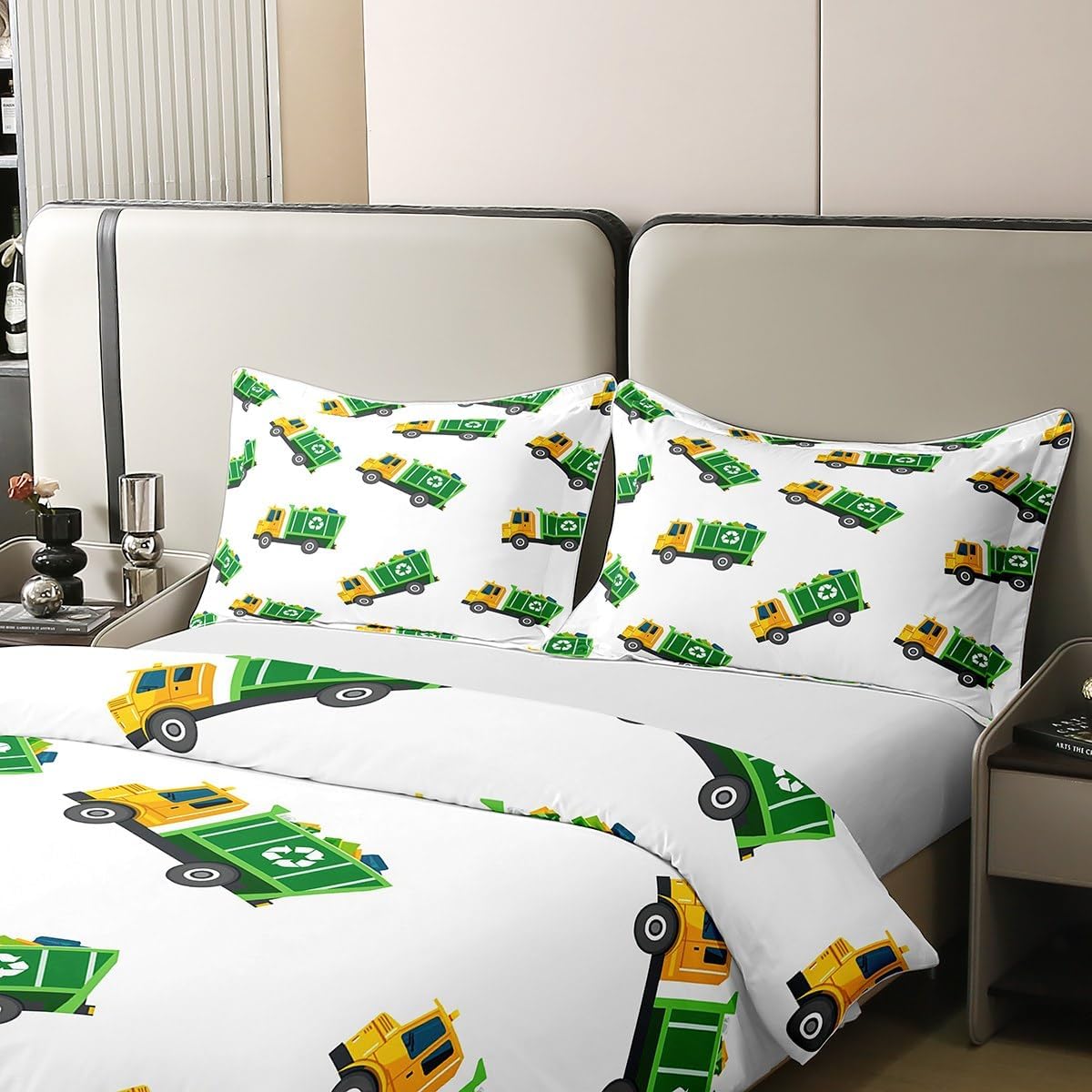 Homewish Garbage Truck Duvet Cover Set 100% Cotton Cartoon Trash Car Twin Size Bedding Sets Machinery Vehicle Comforter Cover for Kids Green White Bedding with 1 Pillowcase(No Comforter)