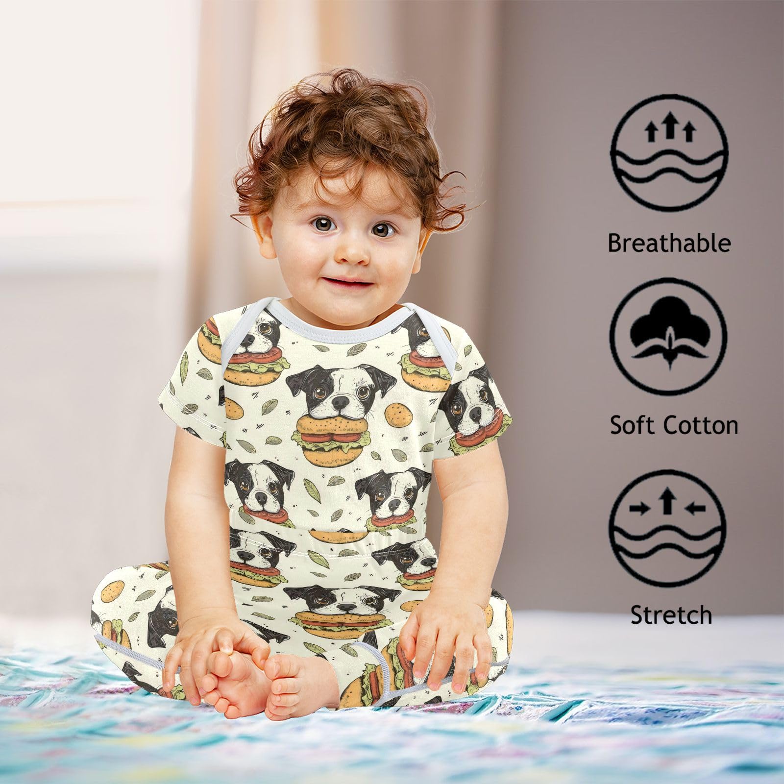 vvfelixl Cartoon Hamburger Dog Baby Bodysuits Set,Baby Layette Sets Unisex Short Sleeve Babys Pants Sets 6-9M