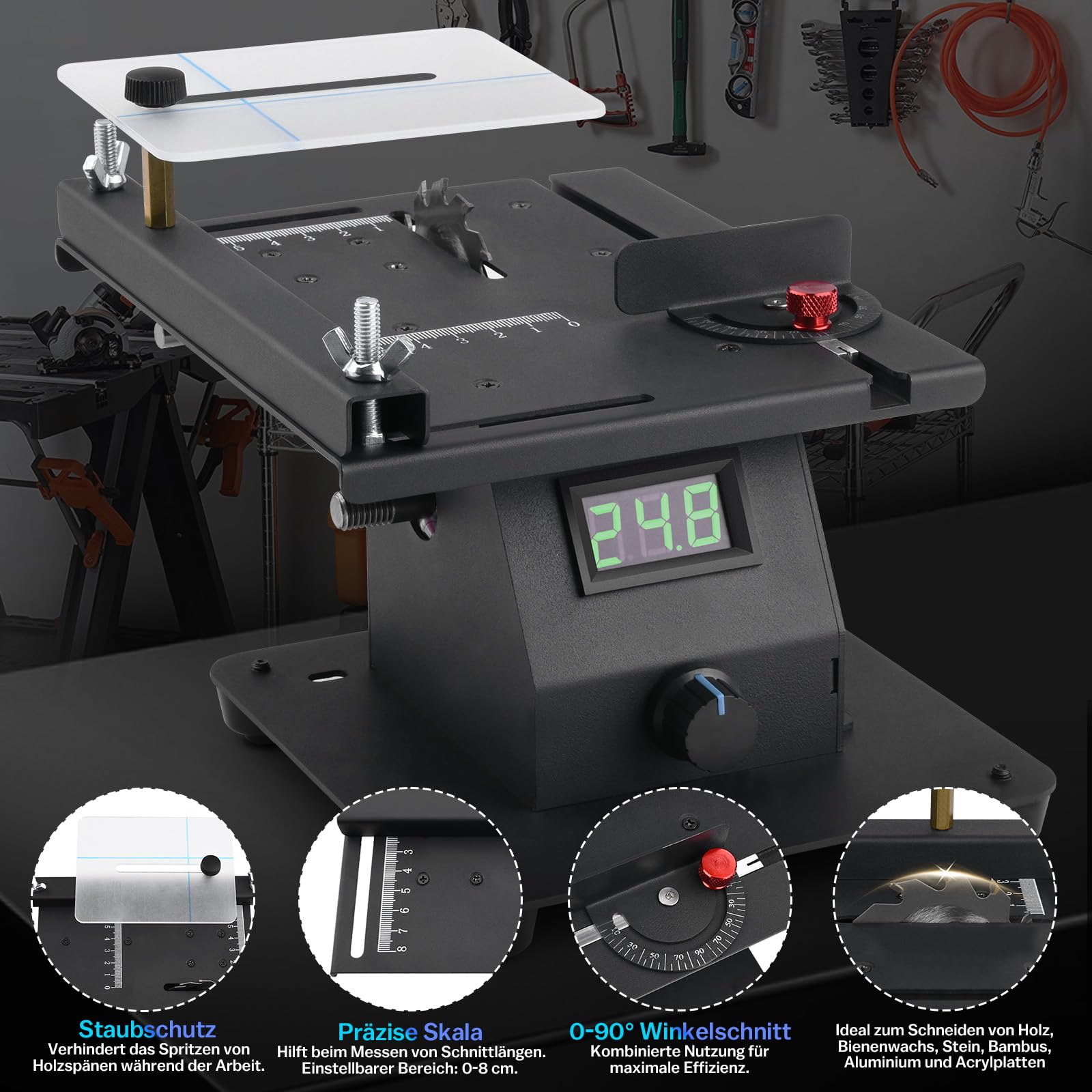 4-IN-1 Mini Tischkreissäge 350W mit LED-Voltanzeige, 0-90° Verstellbarer Bandschleifer mit 10 Schleifbänder, Doppelschleifmaschine, Multifunktionsgerät mit 7-stufig einstellbarer Geschwindigkeit