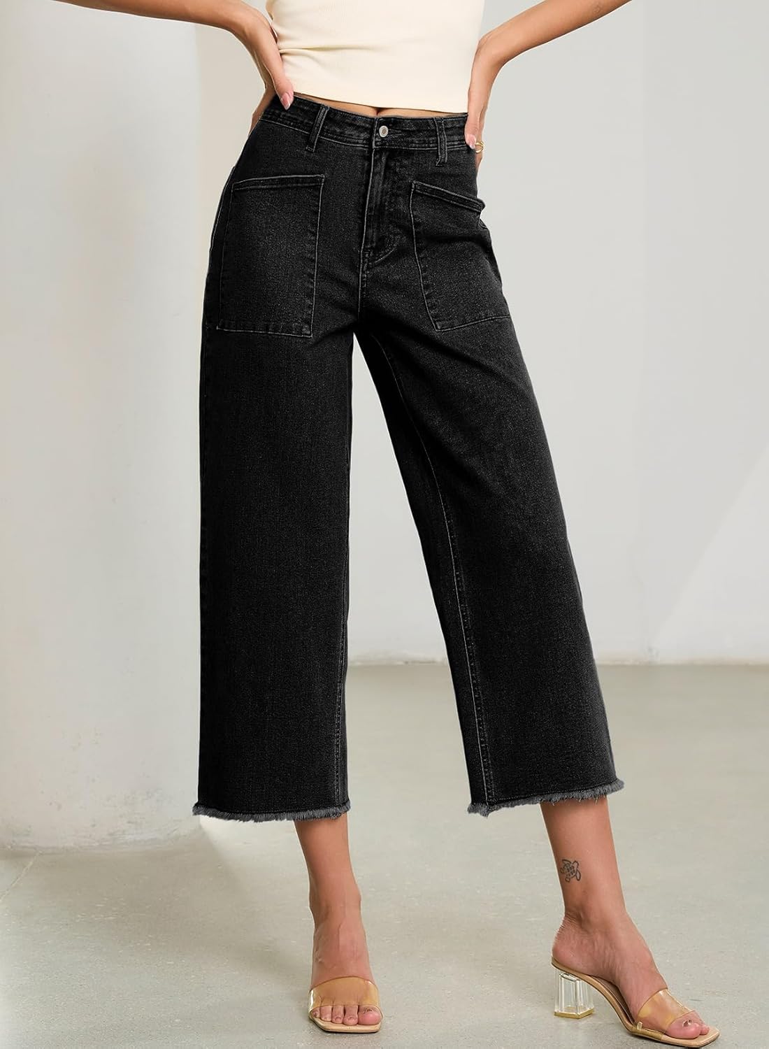 Sidefeel Womens Wide Leg Baggy Capri Jeans High Waisted Straight Leg Stretchy Raw Hem Cropped Denim Pants with Pockets - Image 4