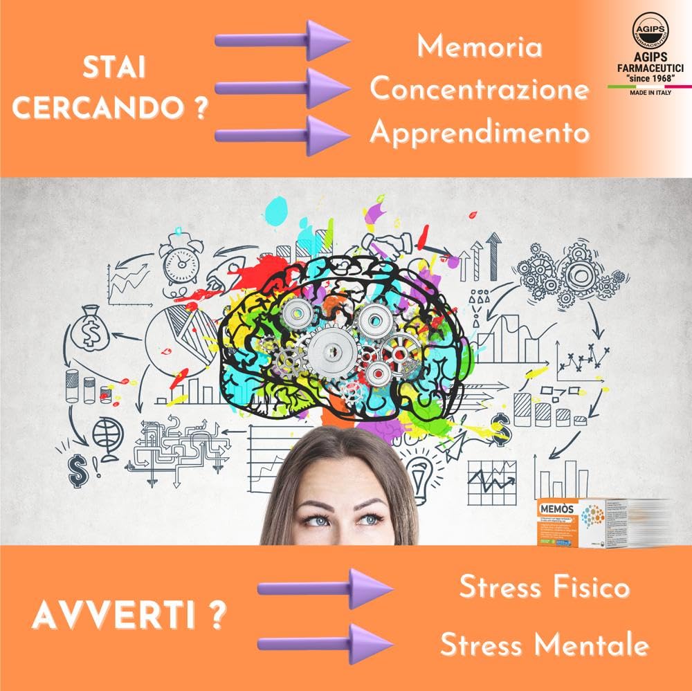 Agips Memos Integratore Memoria concentrazione e Stanchezza Mentale. Ideale per Studiare Contro lo Stress Ricostituente Ginko Biloba Vitamina B. 10 flaconi