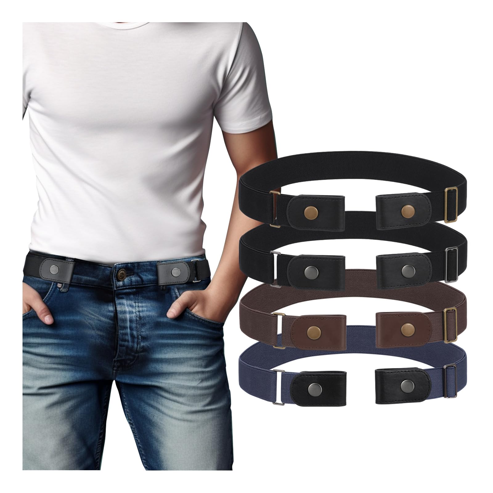 BELTROAD Mens Belts without Buckle Invisible Stretch Elastic Belts for Women Buckleless Belt for Jeans, 4PC