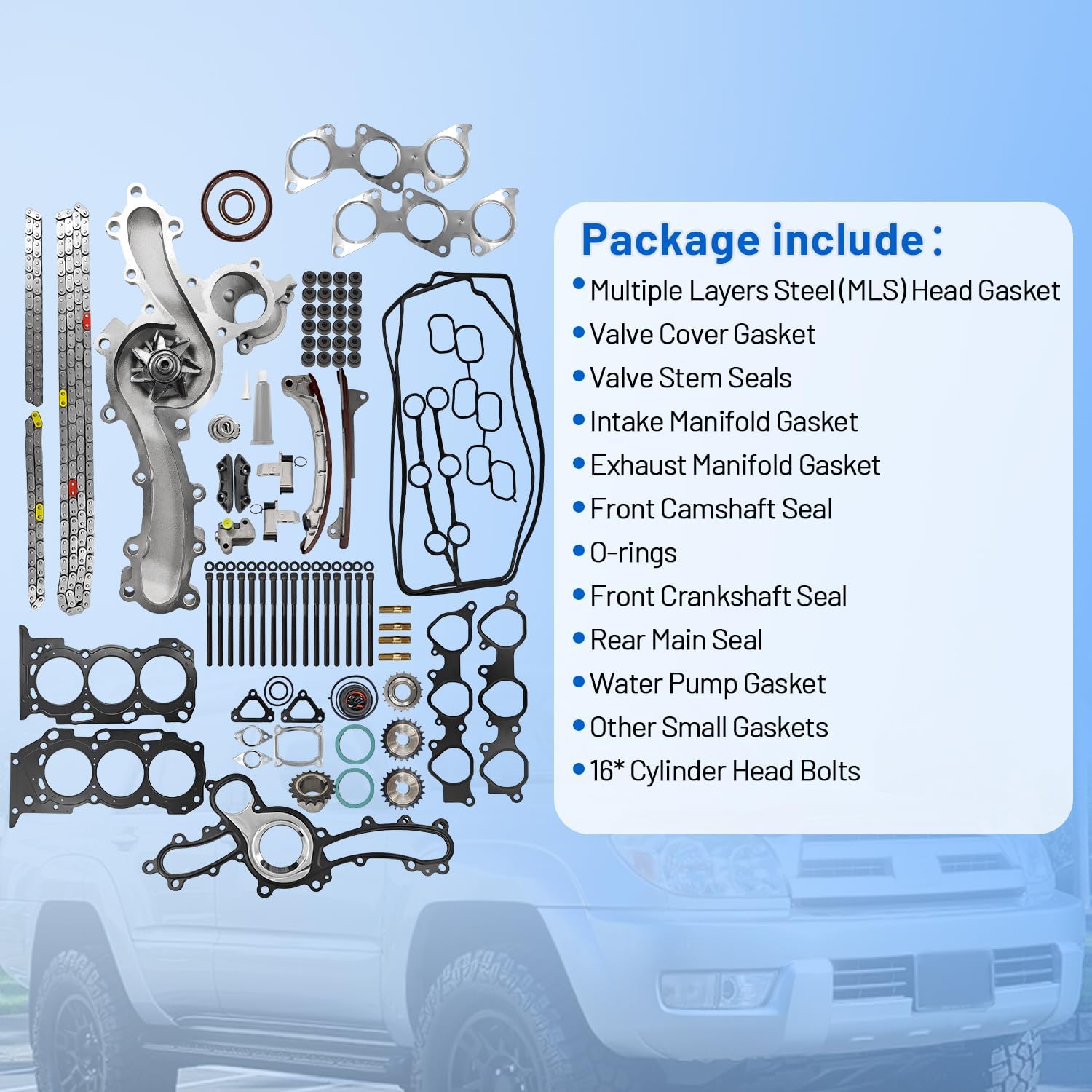 4.0 Head Gasket Set with Timing Chain Kit & Water Pump Fit for Toyota 4Runner Tacoma Tundra FJ Cruiser 2003-2015 DOHC 1GRFE Replaces 1610009471 170-3940 13506-AD010