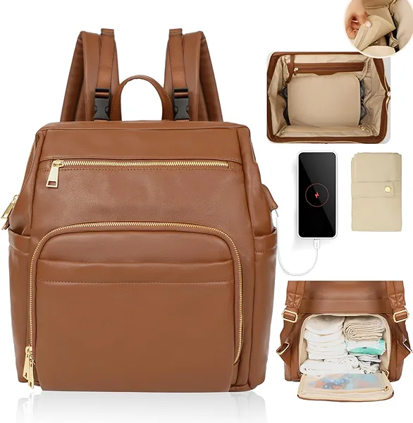 Omanmoli Diaper Bag Backpack Leather Large Baby Diaper Bag Essentials With 18 Organizing Pockets,6 Insulated Pockets,USB Charging Port,Stroller Straps,Changing Pad (Brown)