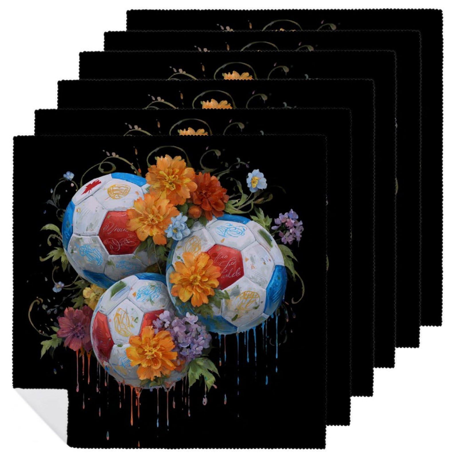 Soccer Balls with Flowers Cloth Napkins Set of 6, Square Premium Reusable Washable Polyester Table Linen Napkin for Dinner Party