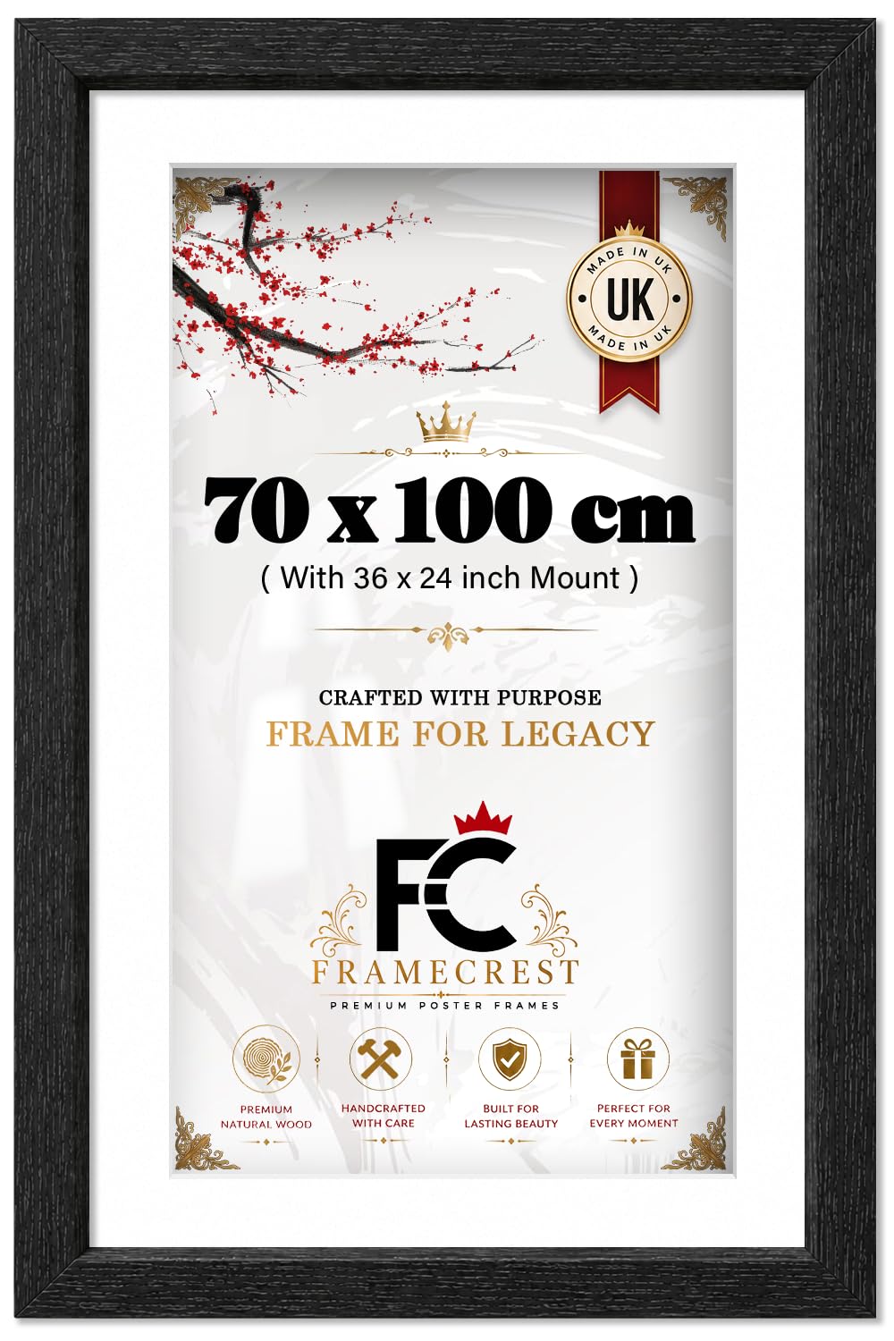 FRAMECREST LTD 70x100cm Poster Frame with 60x90cm White Mount - Premium Extra Large Wall Mounted Picture Frame for Gallery-Style Displays - British Made Quality - [Black] — image 1