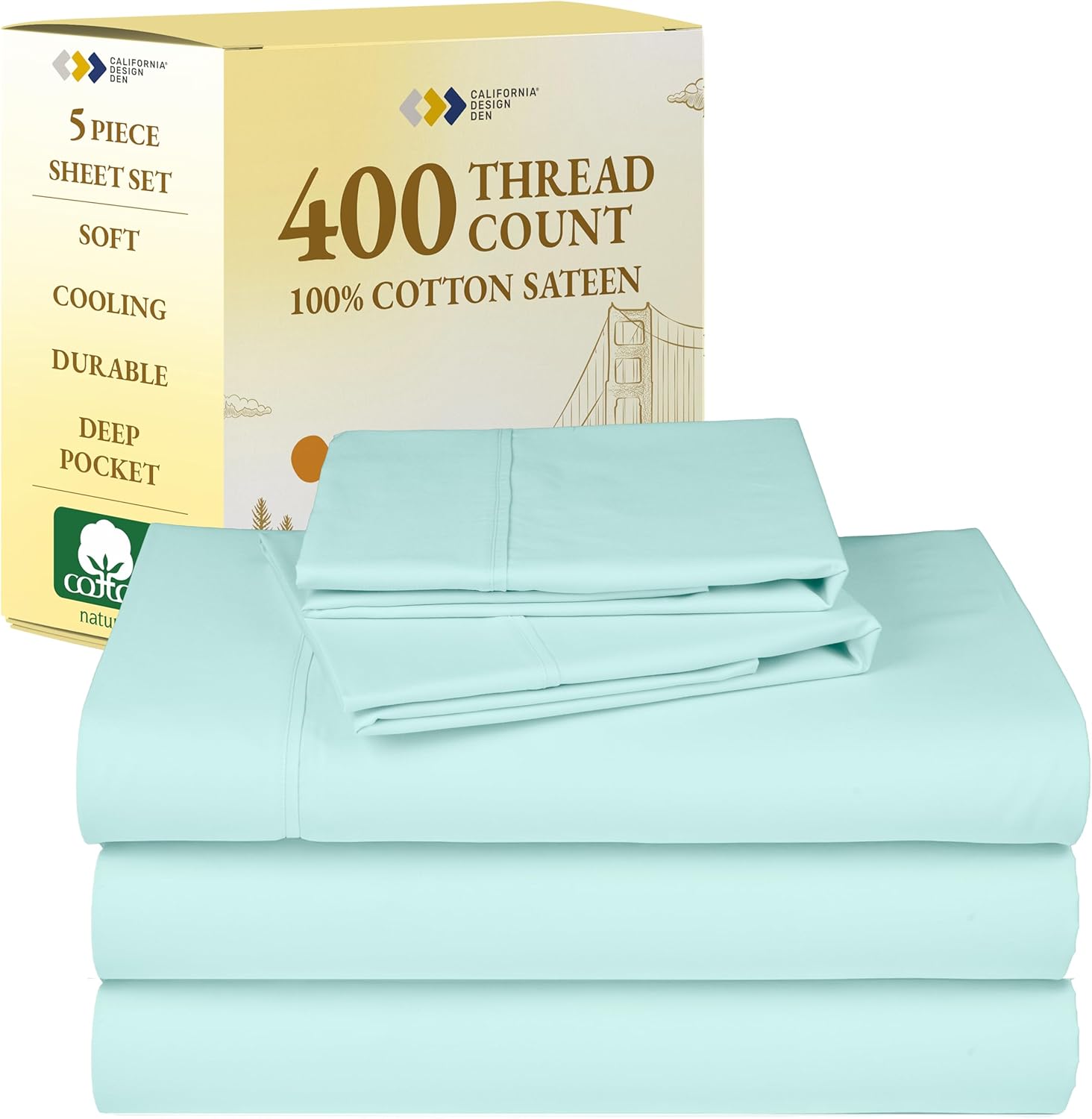California Design Den Split King Sheets Sets for Adjustable Bed - Soft 400 Thread Count Sateen, Natural 100% Cotton Sheets with Deep Pockets, Breathable, Cooling and Durable Bedding Set - Seafoam
