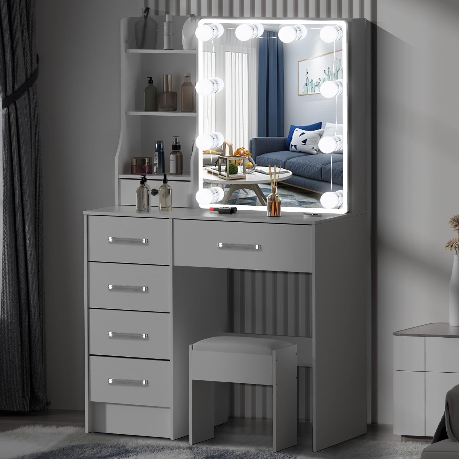 Tocador de Maquillaje con Luces y Espejo, 3 Modos de luz, Tocador con Taburete y 6 Cajones + 6 Estantes, MDF Blanco para Dormitorio, 80x36x130 cm