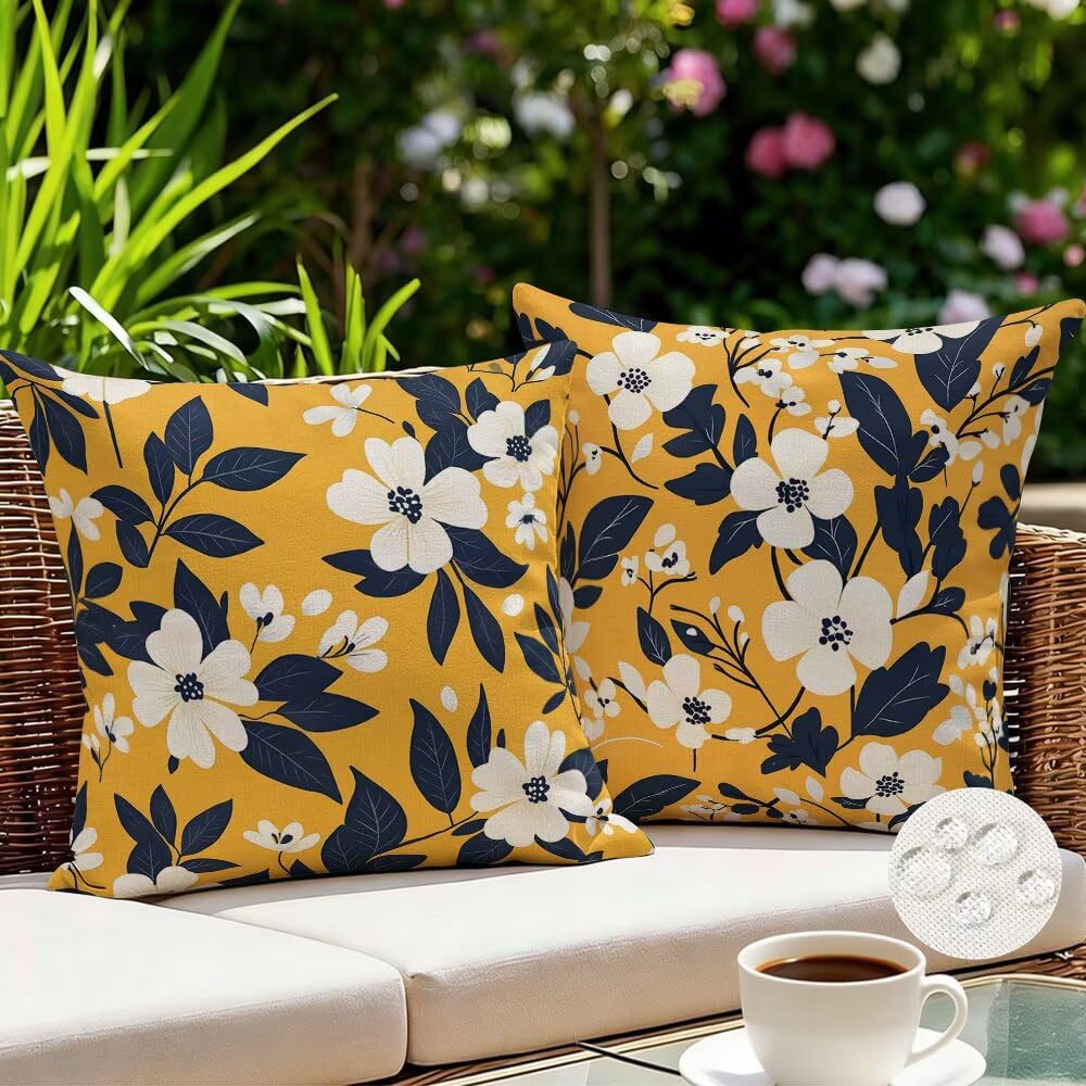 Outdoor Cushions Waterproof Yellow Cushion Covers 35cm x 35cm Set of 2 Flower Garden Cushions Plant Cushion Cover Decorative Pillows Linen Throw Pillow Case for Couch Sofa Garden Furniture (IU169)