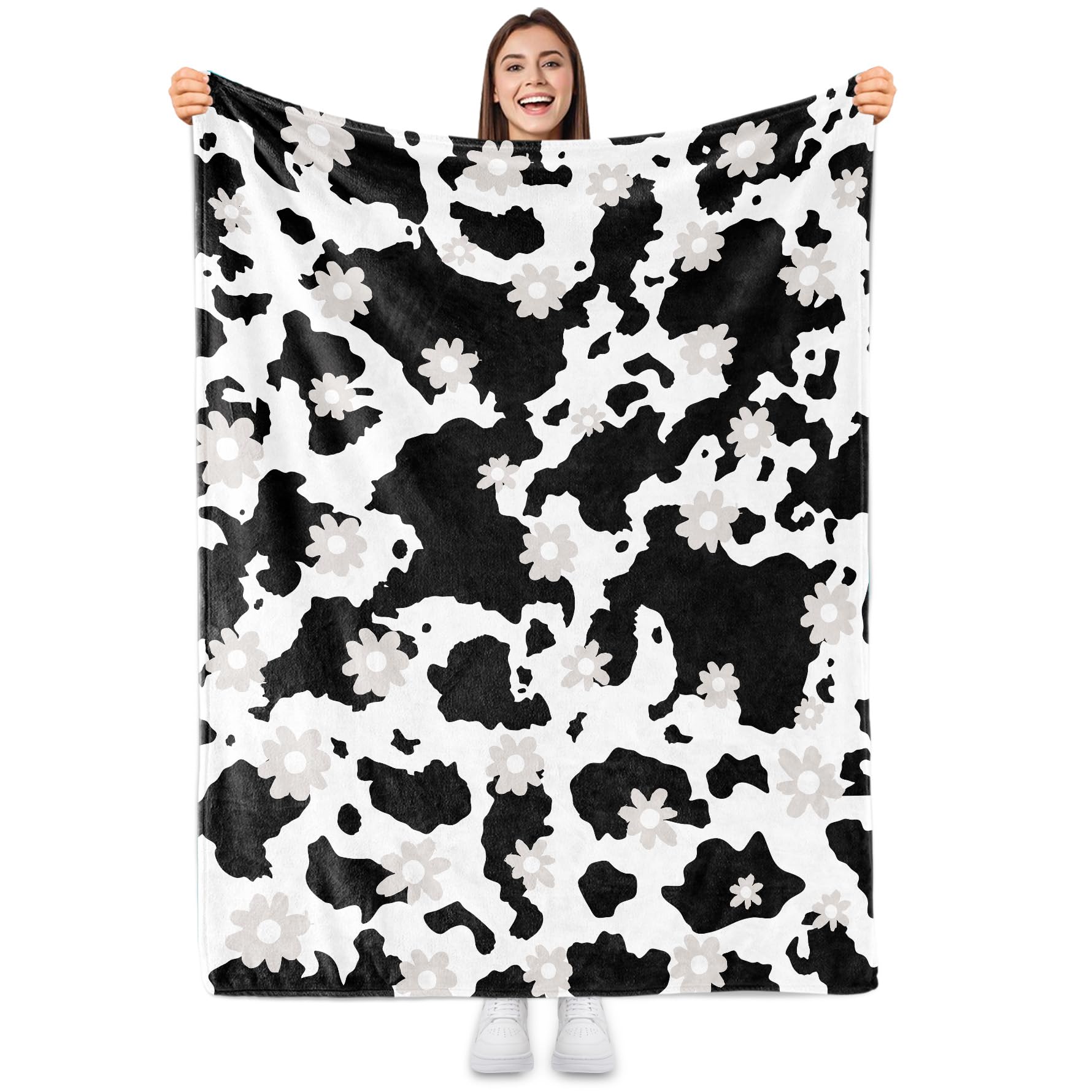 Sowide Cow Print Blanket, Soft Fleece Flannel Cow Flower Blanket, Cow Blanket for Adults Kids Cozy Warm Cute Cow Throws
