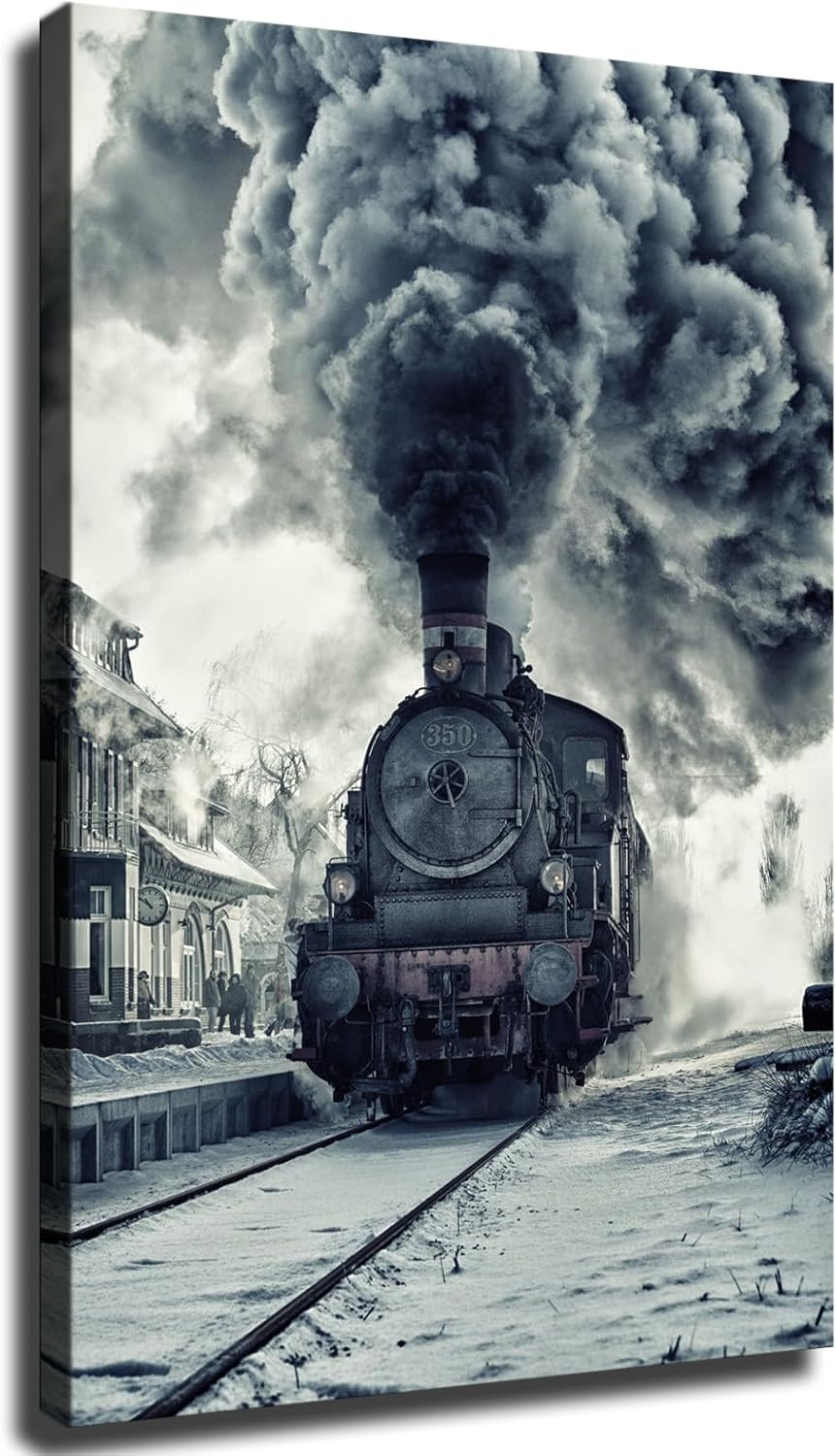 Vintage Steam Locomotive Train Canvas Wall Decor Art Painting Prints on Modern Posters Prints Artwork for Living Room, Bathroom,Bedroom,Home (16x24inch Framed)