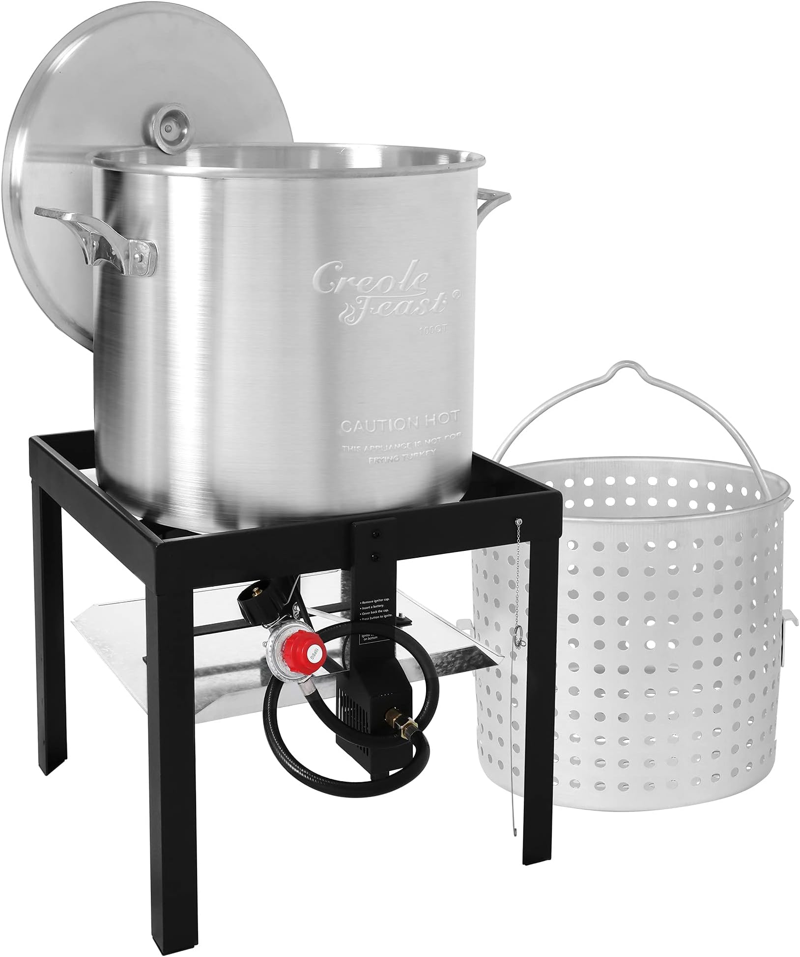 Creole Feast SBK1001 100 Qt. Seafood Boiling Kit with Strainer, Outdoor Aluminum Propane Gas Boiler Steamer with 10 PSI Regulator, 100000 BTU Jet Burner