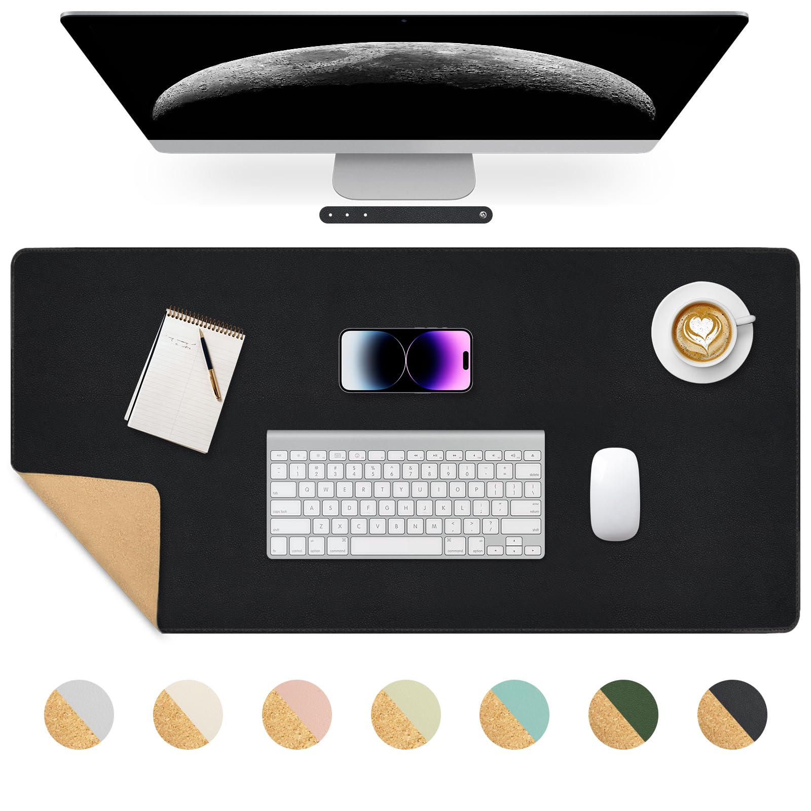 Desk Mat, Dual-Sided Desk Pad, Large Mouse Pad for Desk, Natural Cork & PU Leather Non-Slip Waterproof Desk Mats for Office and Home (Black, 35.4" x 17")