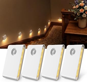 EZVALO 4 Pack Motion Sensor Night Lights Indoor, Rechargeable 1500mAh LED Stair Lights with Magnetic & Dimmable, Auto On/Off 3000K Soft White, Adhesive No Drill for Stairs, Hallway, Bathroom, Closet