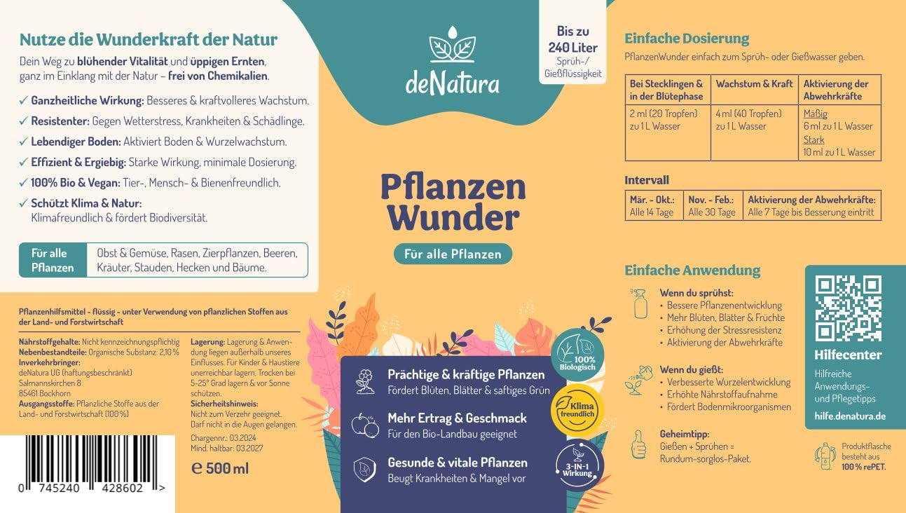 deNatura PflanzenWunder – Natürlicher Pflanzendünger aus Bambus | Bio Bambusextrakt | Pflanzenbooster für Wachstum, Vitalität & Ertrag | Für Gemüse, Obst, Kräuter & Zimmerpflanzen | 500 ml