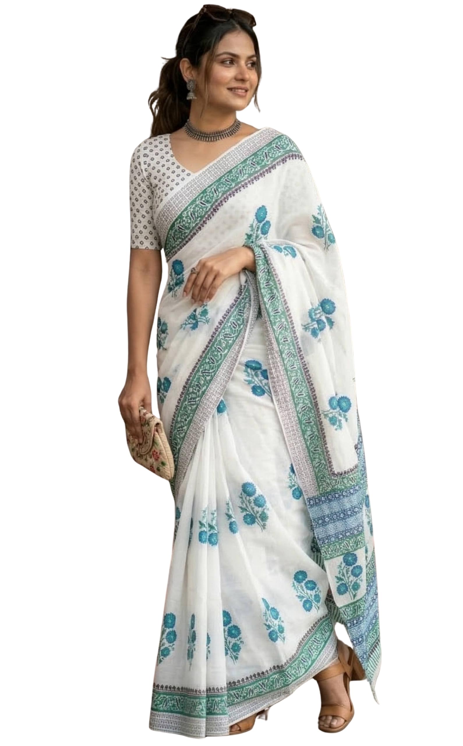 Women's Mulmul Cotton Saree, Kalamkari Handblock Print, Ekat Designs, 5.5 Metre with Blouse Piece-image-26