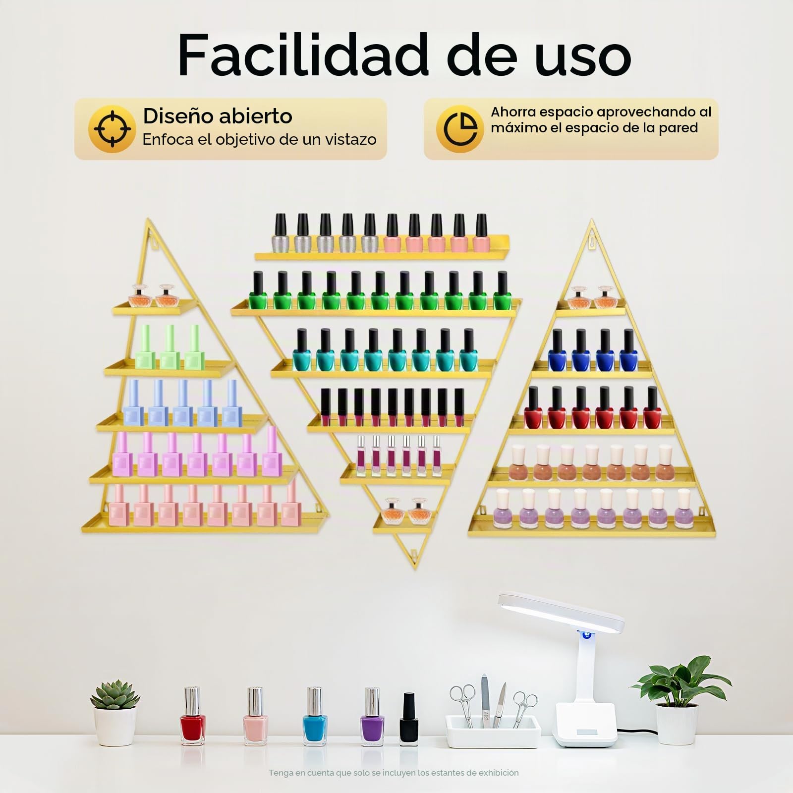 Juego de 3 estantes de esmalte de uñas, 5 niveles, almacenamiento de esmalte de uñas, estantes triangulares, estante de metal, capacidad de carga de 50 kg, soporte de pared para exhibición de uñas