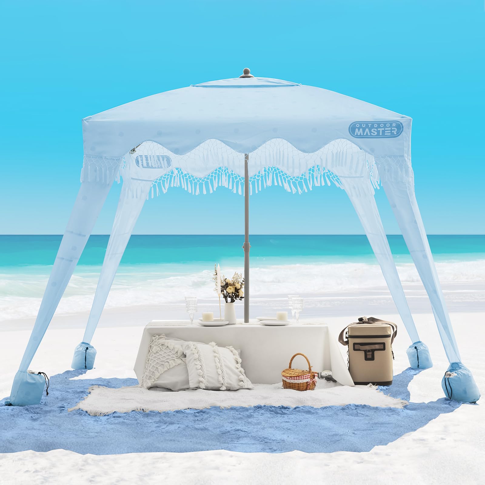 OutdoorMaster Beach Cabana with Fringes, Portable 6' x 6' Beach Canopy for Sand, Easy Set Up Beach Shelter, Included Side Wall, UPF 50+ UV Protection