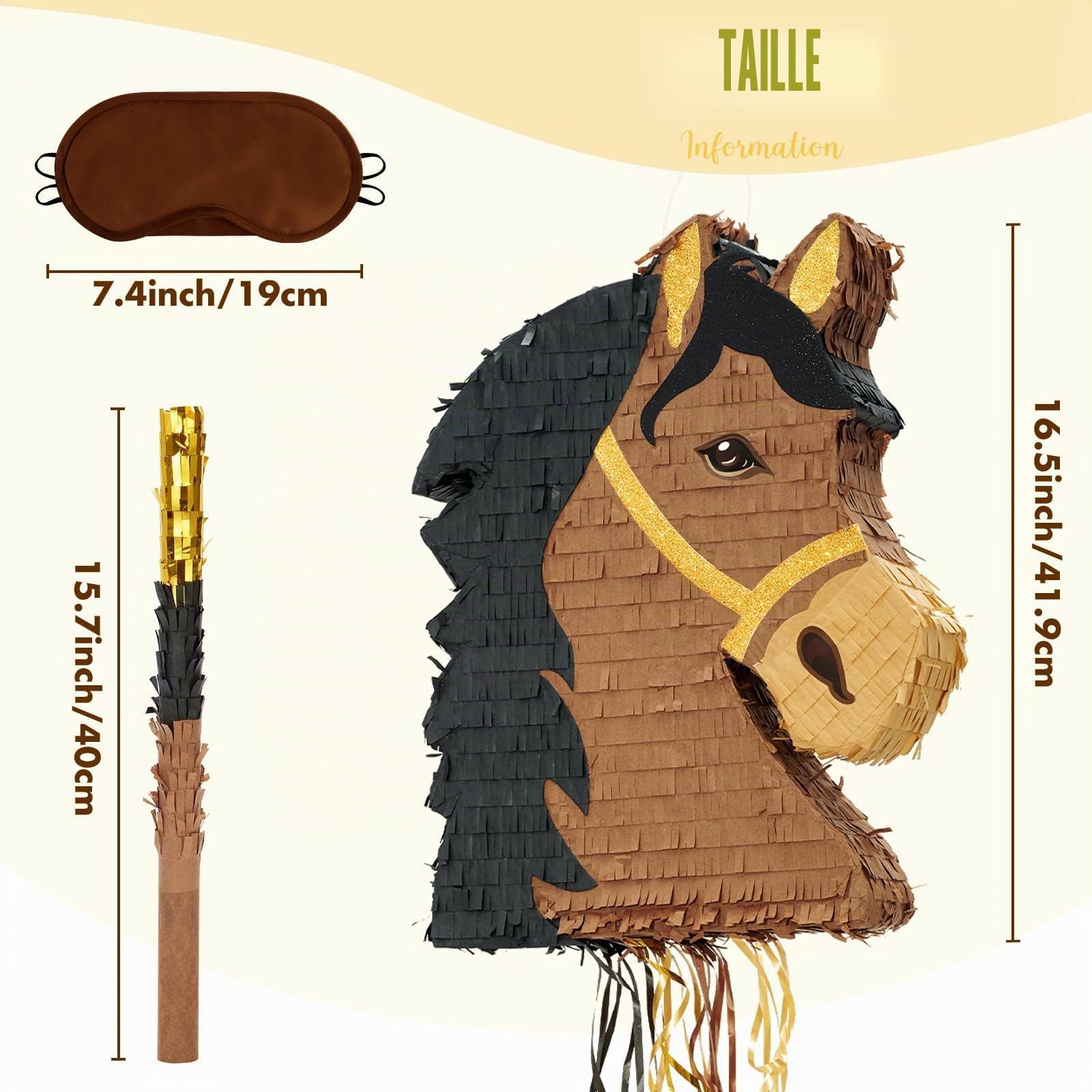 WERNNSAI Piñata cheval – Décoration d'anniversaire pour garçon et enfant Tête de cheval avec bâton Bandeau pour les yeux Décorations de fête d'anniversaire Cowboy Westworld Party Piñata Jeux