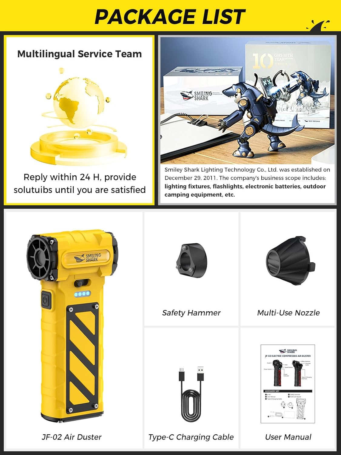 Smiling Shark Compressed Air Duster, JF-02 110000RPM Stepless Speed Cordless Electric Air Blower with Emergency Cutter & Hammer, Rechargeable Mini Dust Blower for PC, Keyboard, Outdoor, House and Car