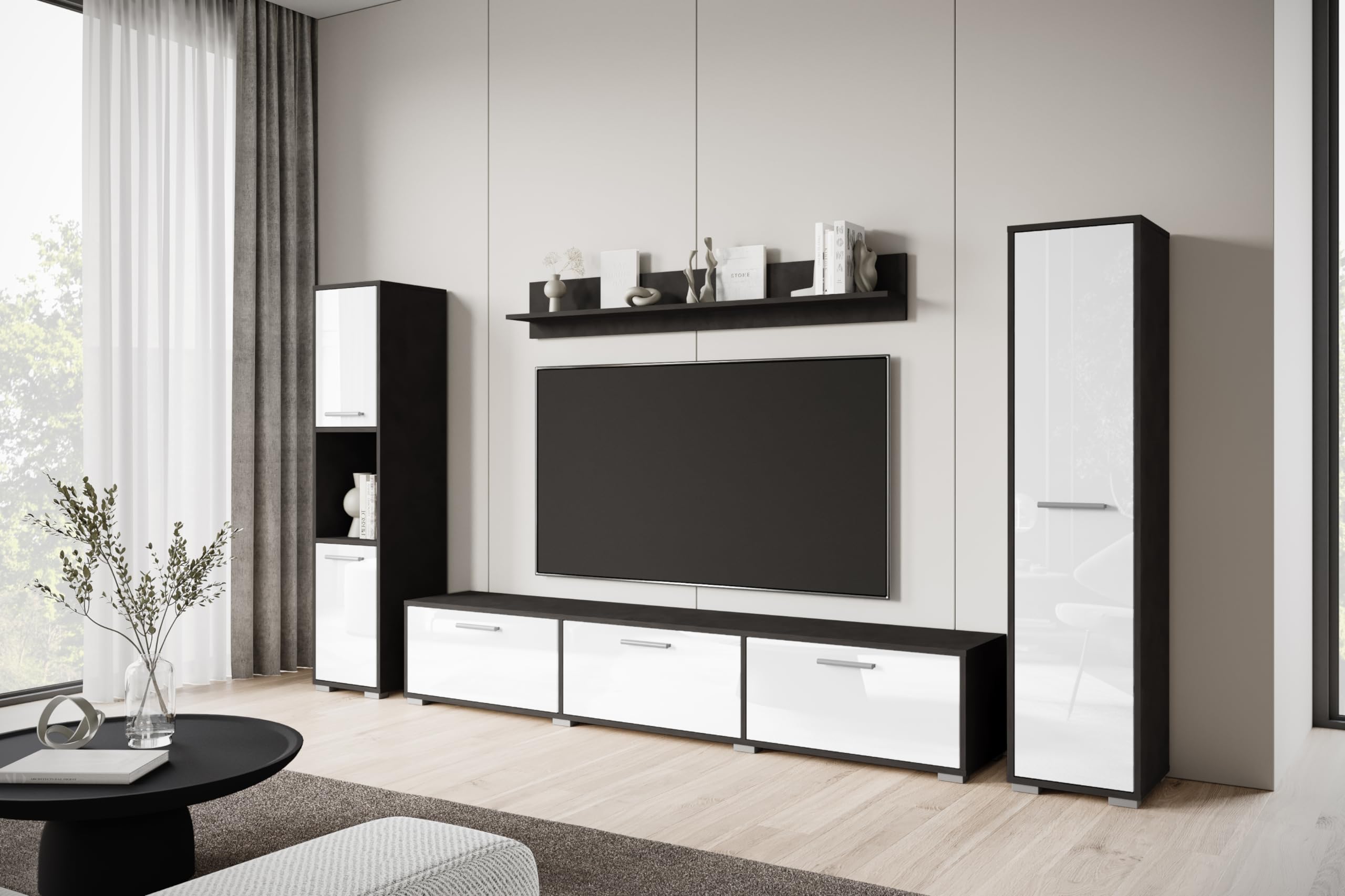 MINIO go for it - Wohnwand Wohnzimmer 4-teilig Toga, Wohnzimmer Möbel Set, 1x TV Lowboard, 2X Hochschrank, 1x Wandboard, Wohnzimmermöbel Komplett, Wohnzimmer Set - Farbe Matera/Weiss Hochglanz