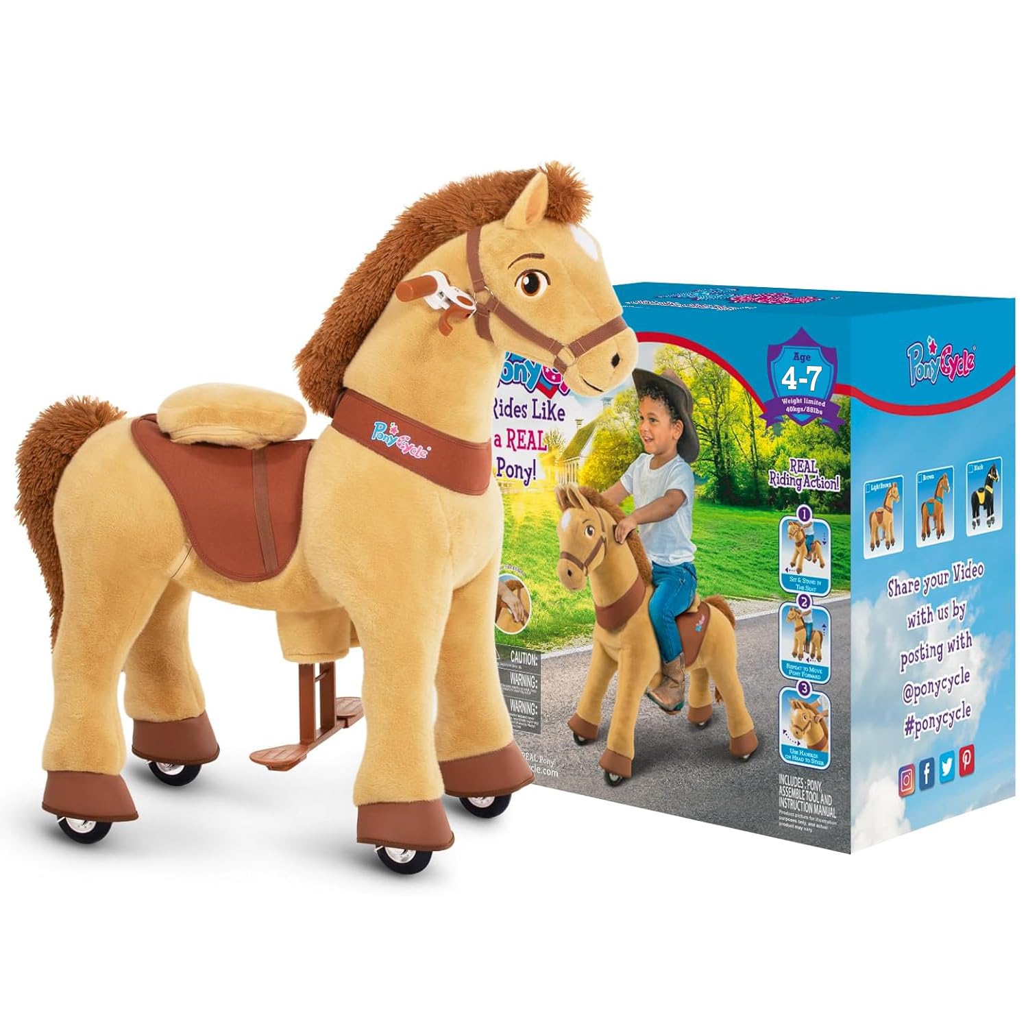 PonyCycle® Schaukelpferd auf Rollen | für Kinder 4–7 Jahre, 90cm | Hellbraunes Plüsch Reitpferd mit Handbremse | Stehpferd, Schaukeltier, Indoor & Outdoor | Basis Modell E – E436