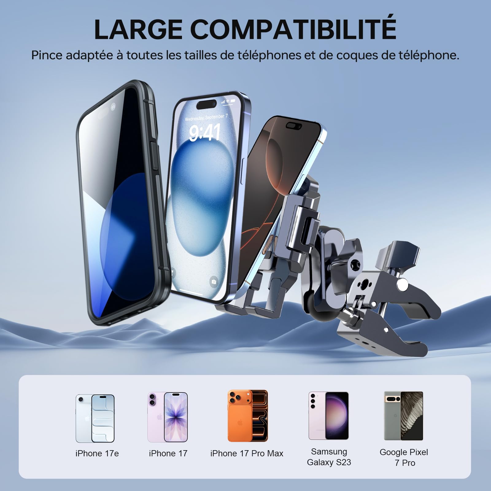 QX002 Support de téléphone pour moto avec amortisseur de vibrations (comprend une super pince + bras double prise + support de téléphone tout en un) réglable à 360 ° et support de téléphone en