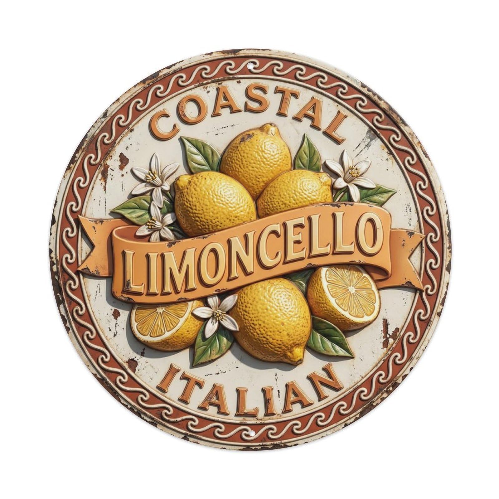 Coastal Italian Limoncello Crest Metal Tin Sign Plaque Wall Decor for Cafe, Club, Garden Round Metal Poster 8x8Inch