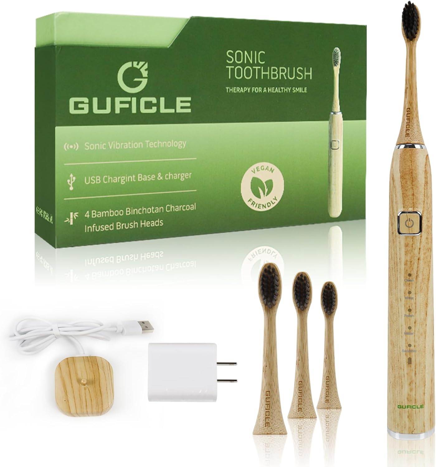 Bamboo Electric Toothbrush, Sonic Electric Bamboo Toothbrush for Adults, IPX7 Waterproof Rechargeable Toothbrush, 5 Cleaning Modes, 4 Bamboo Brush Heads Soft Bristle