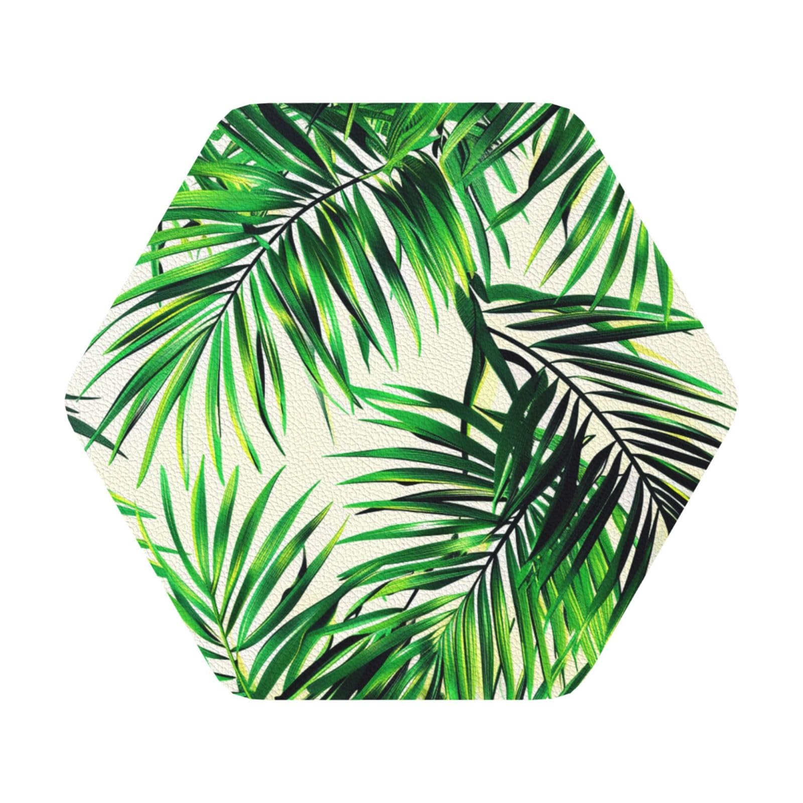 Palm Tree Green Leaves Print Leather Coaster Set of 6, Hexagon Coasters Table Decorative Coffee Cup Beverage Coasters Wine Beer Bar Coasters for Hot Drinks Table Protection
