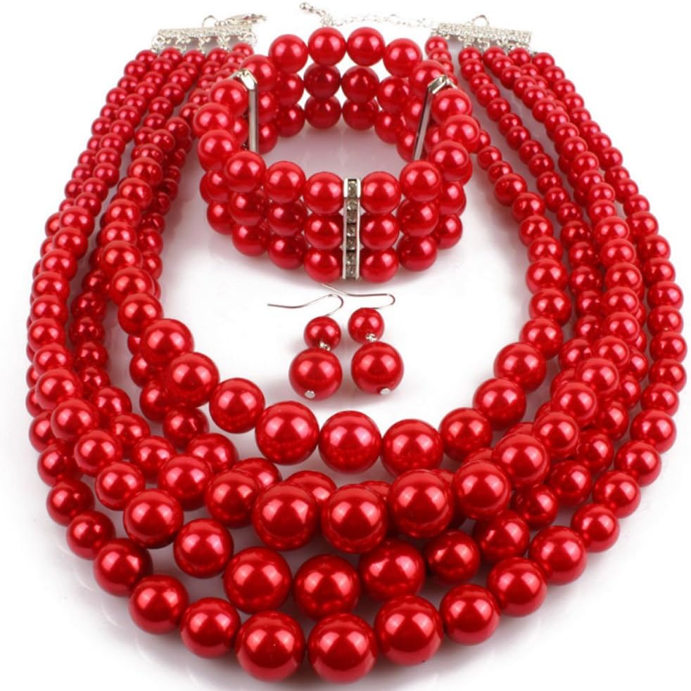 ShinelandElegant Multilayers Simulated Pearl Strand Cluster Collar Bib Choker Costume Jewelry Sets (Red)