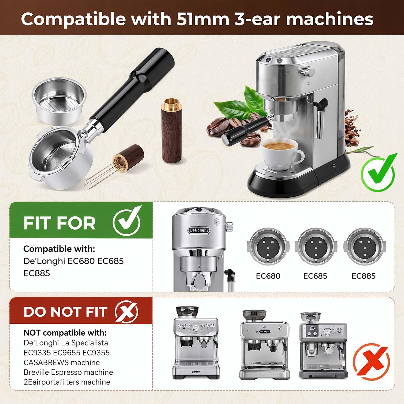 Portafiltro Senza Fondo 51mm 3 Anelli Compatibile DeLonghi Dedica EC680 EC685 EC885, Filtro Acciaio Inoxidable x2 + Agitatore WDT 6 Aghi – Kit Barista con Manico ABS