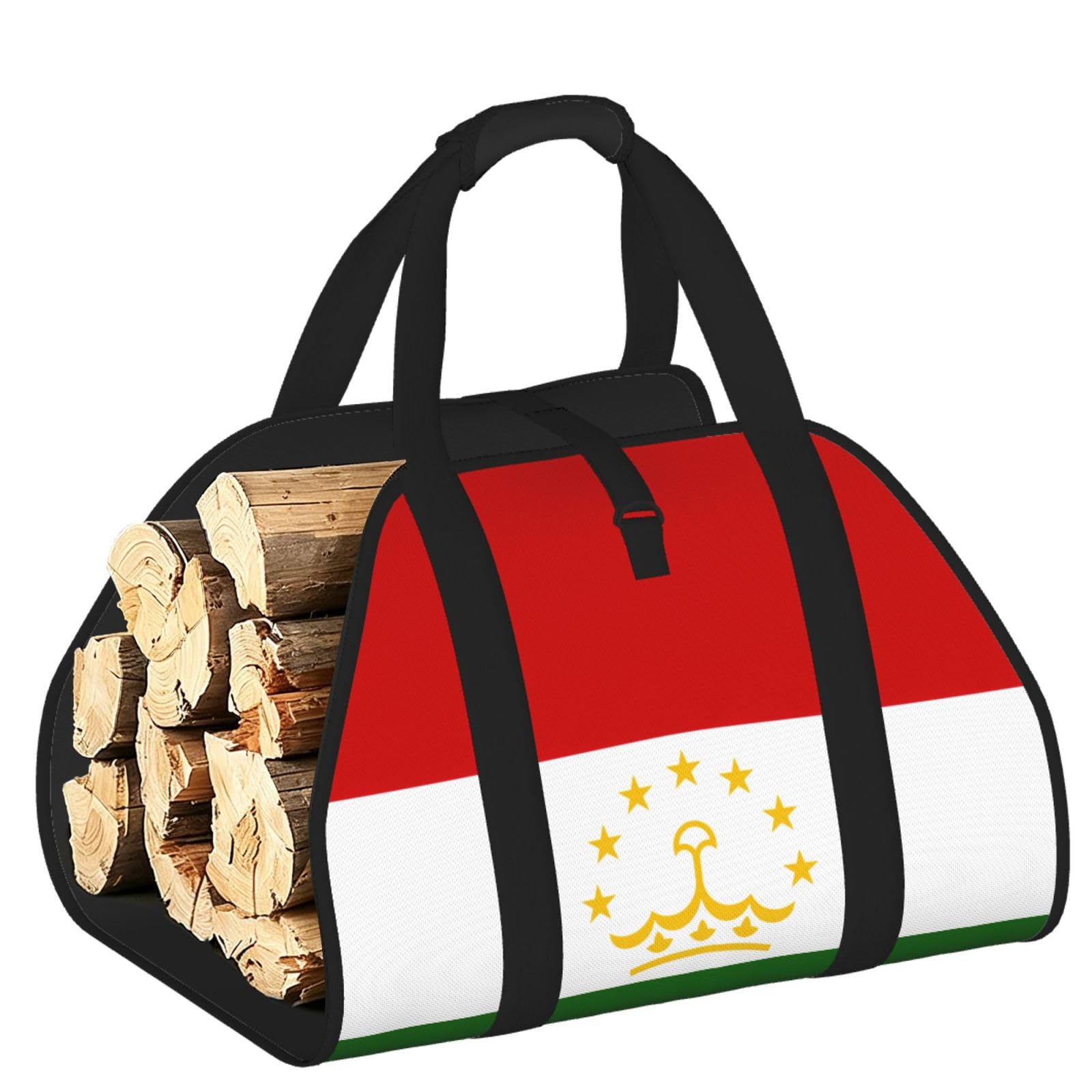 Flag of Tajikistan Printed Firewood Log Carrier, Large Tote Bag with Reinforced Handles for Camping Fireplace Home