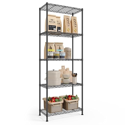 SONGMICS 5-Tier Storage Shelves, Adjustable Wire Shelving Unit, 8 Hooks | Kitchen Metal Rack, Shelf Liners, for Garage, 11.8 x 23.6 x 63 Inches, Ink Black, DALTEN Collection ULGR165BH01
