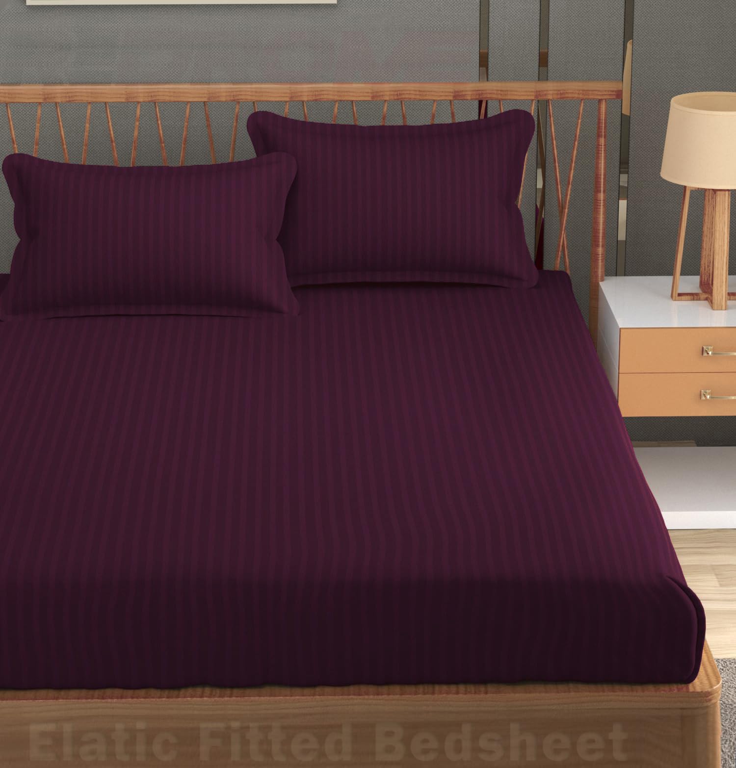 Cotton Blend Plain Stripe Elastic Fitted Queen Size Bedsheet with 2 Pillow Cover (Elastic Fitted Bedsheet, Wine) (72X78 Inches) Which Fits Upto 8 in Matress-image-21