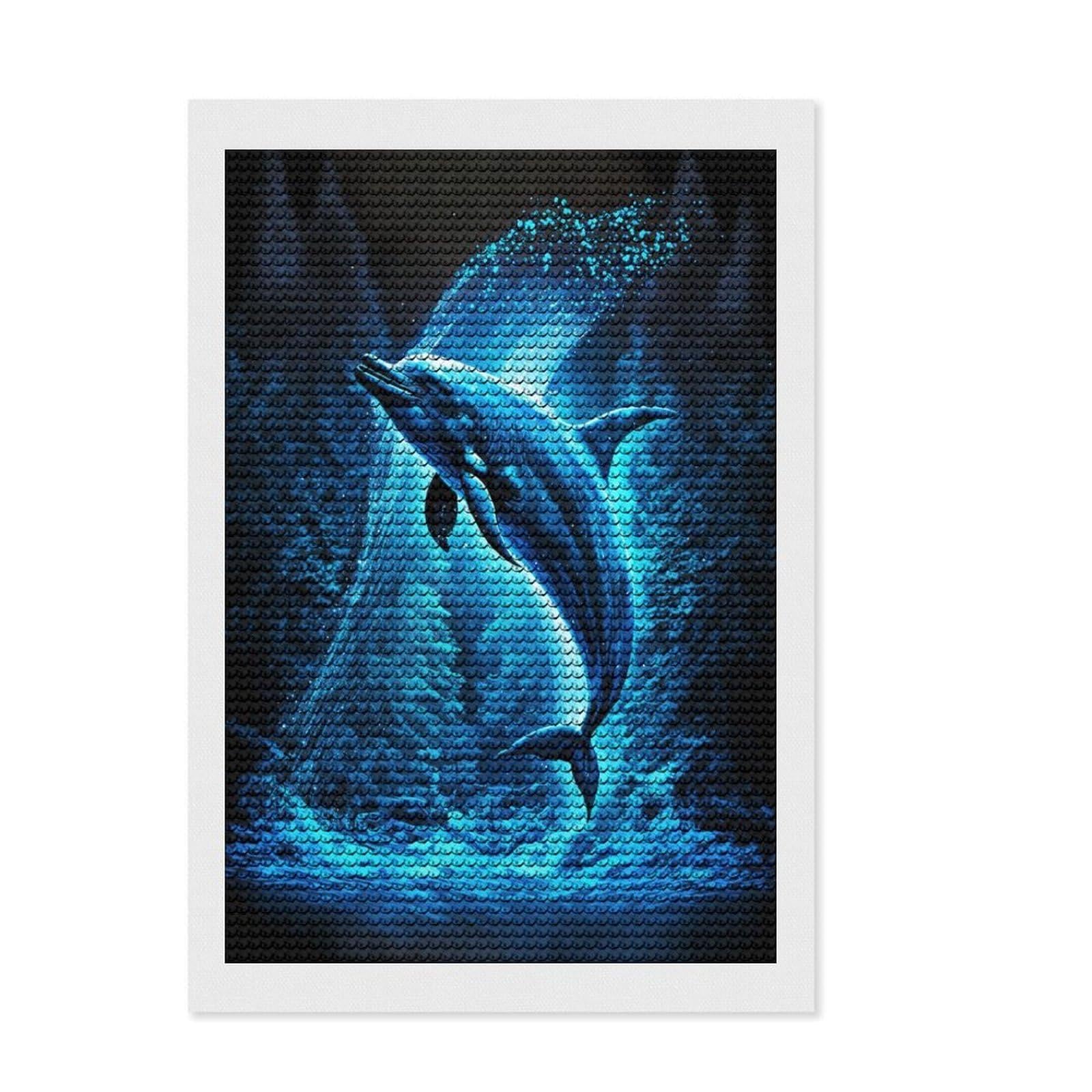 Junmoney Blue Dolphins Diamond Painting Canvas Set 8"x12", Creative Leisure Activity, Vintage Style Decor, for Beginners, Birthday Gift