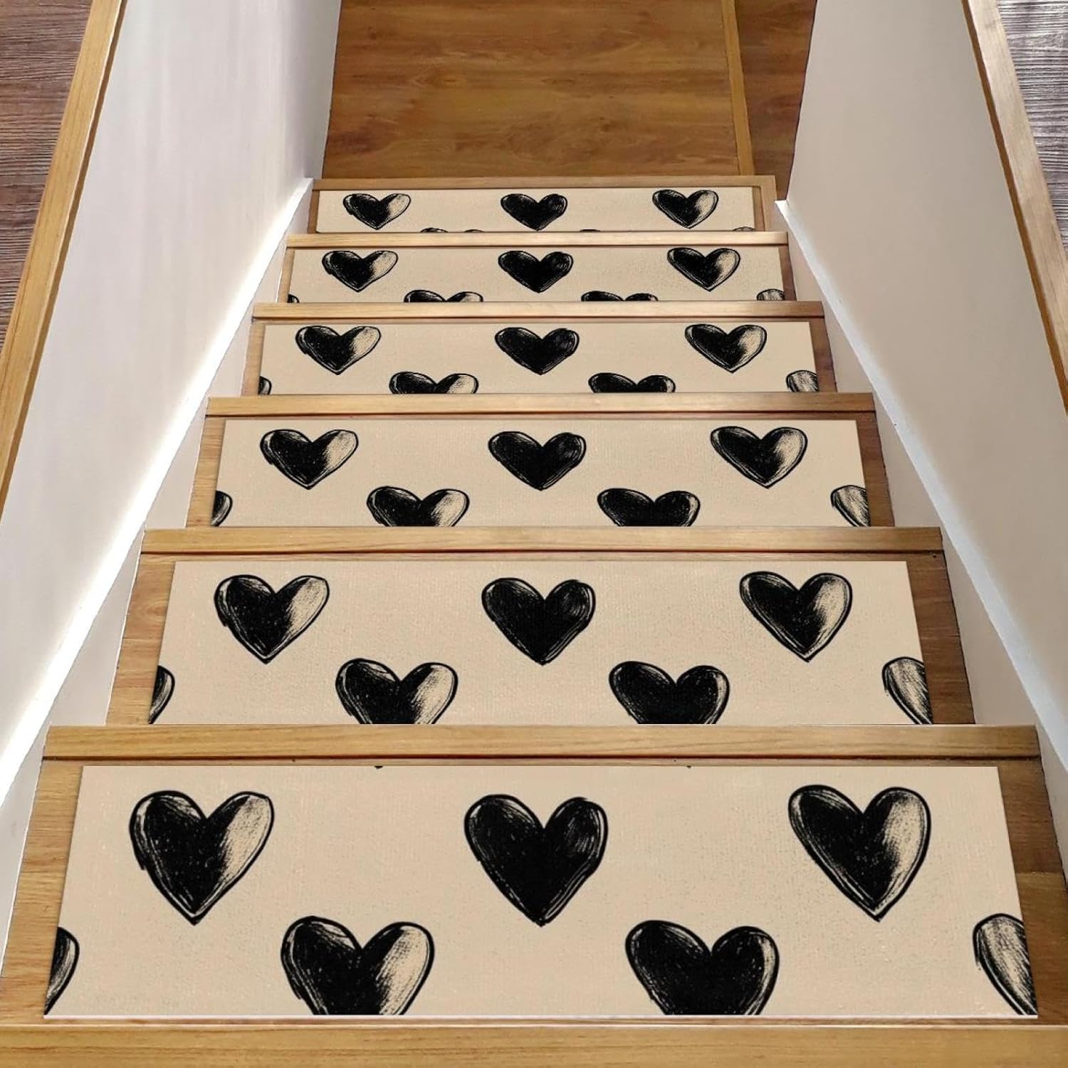 Self Adhesive Residue Free Machine Washable Reusable Stair Treads Non Slip Steps Black Ink Hearts (4) Stair Runner Indoor – 15 Pack 30″X8″ Anti Slip Mats