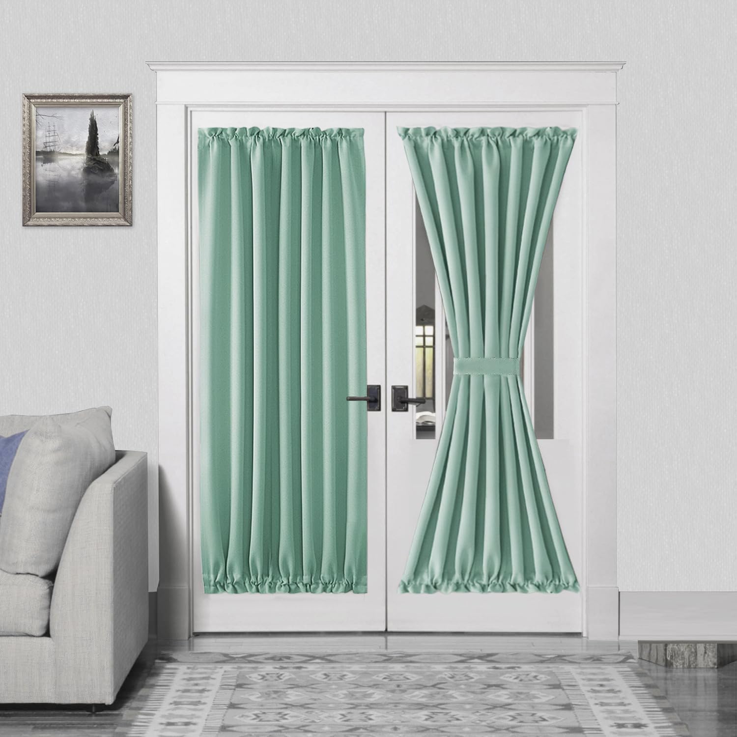 DWCN French Door Curtains – Rod Pocket Thermal Blackout Curtain for Doors with Glass Window, Kitchen and Patio Doors for Privacy, 54 X 72 Inches Long, 1 Curtain Panel with Tieback, Light Sage