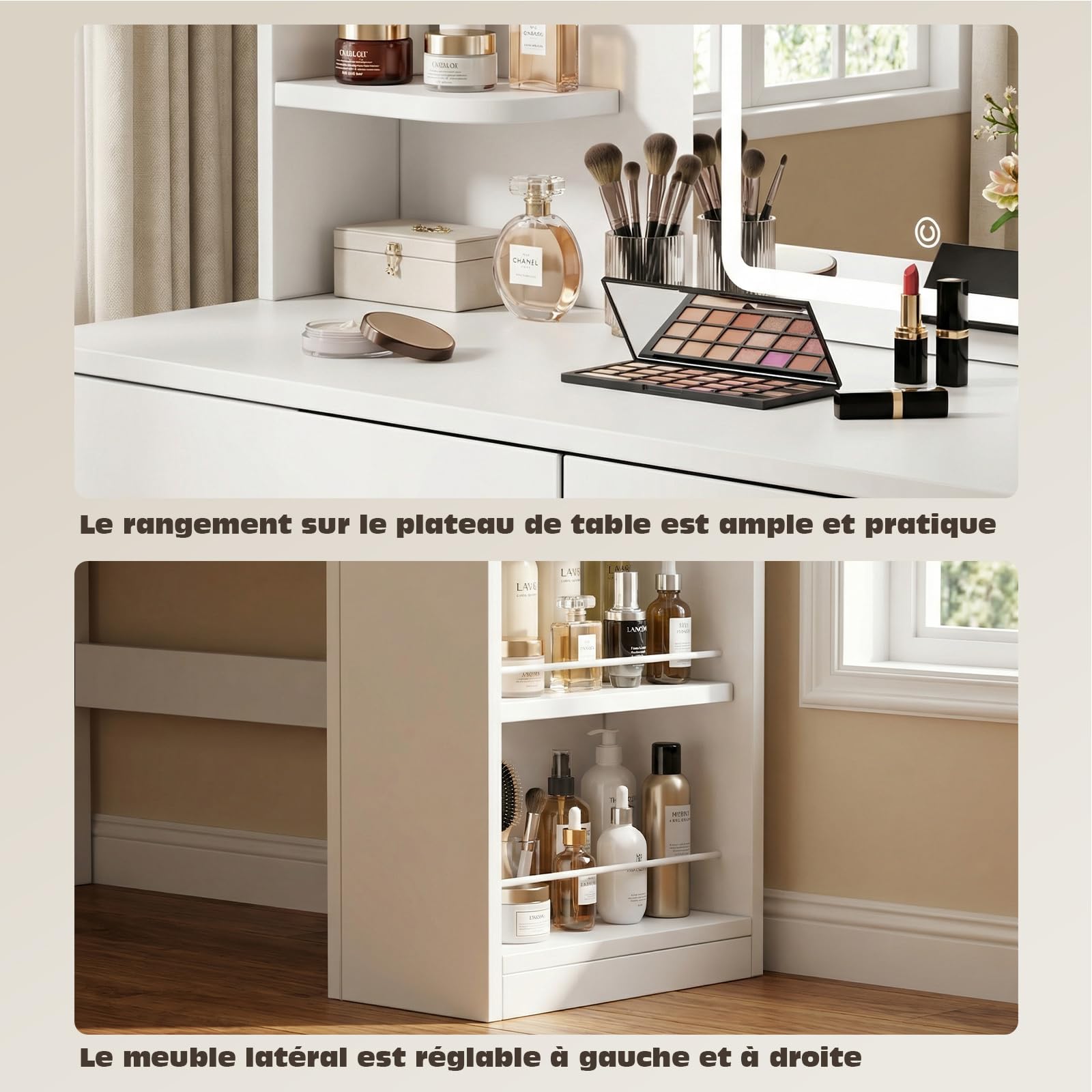 JUMMICO Coiffeuse avec Miroir LED et Lumière Réglable, Table de Maquillage Moderne avec Rangement Maximisé - 4 Étagères, 2 Tiroirs + Compartiment Latéral, Dimensions 108x40x136 cm pour Chambre (Blanc)