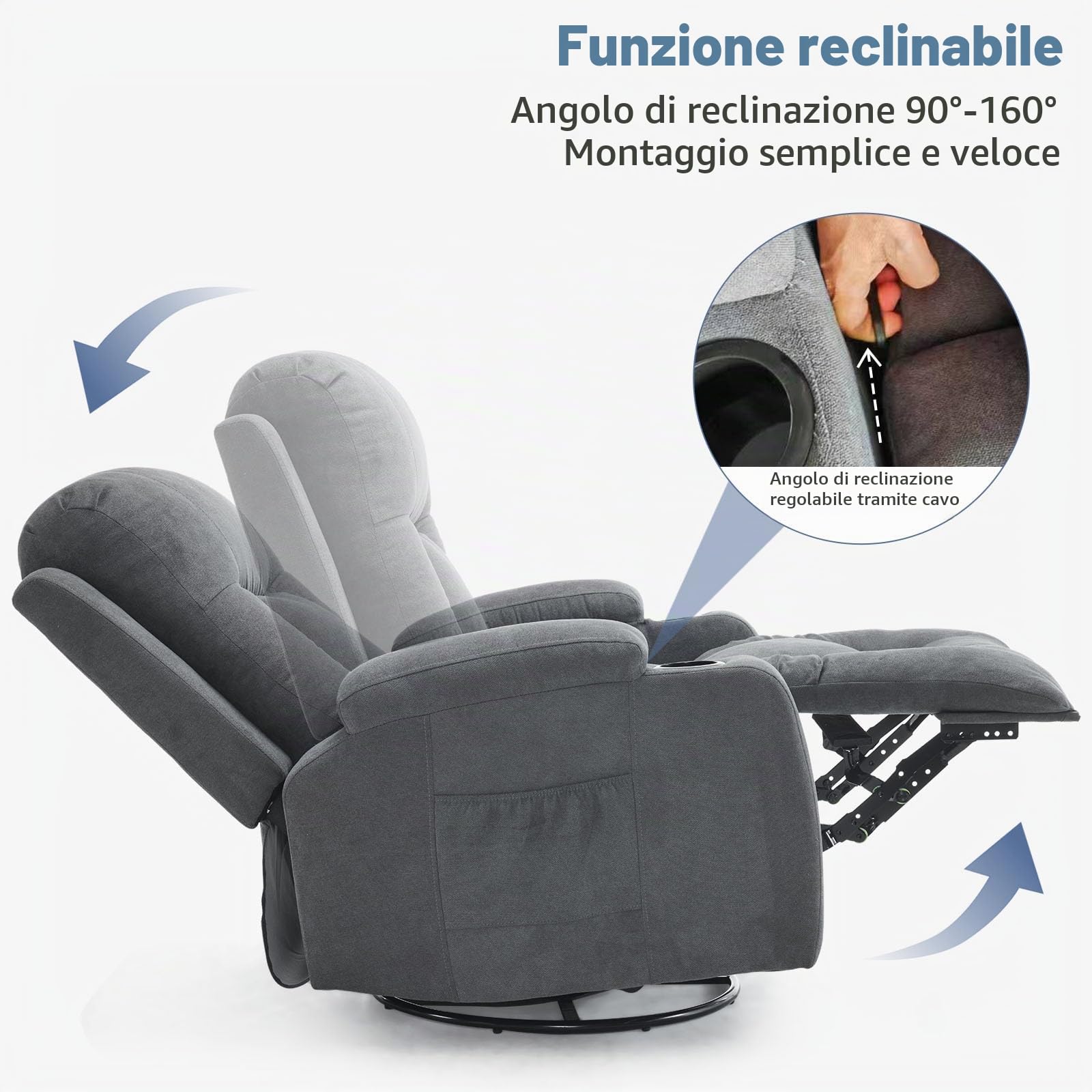 LEADZM poltrona reclinabile Rotazione a 360 gradi Poltrona Relax Con funzione massaggiante e riscaldamento Schienale inclinabile manualmente Grigio scuro