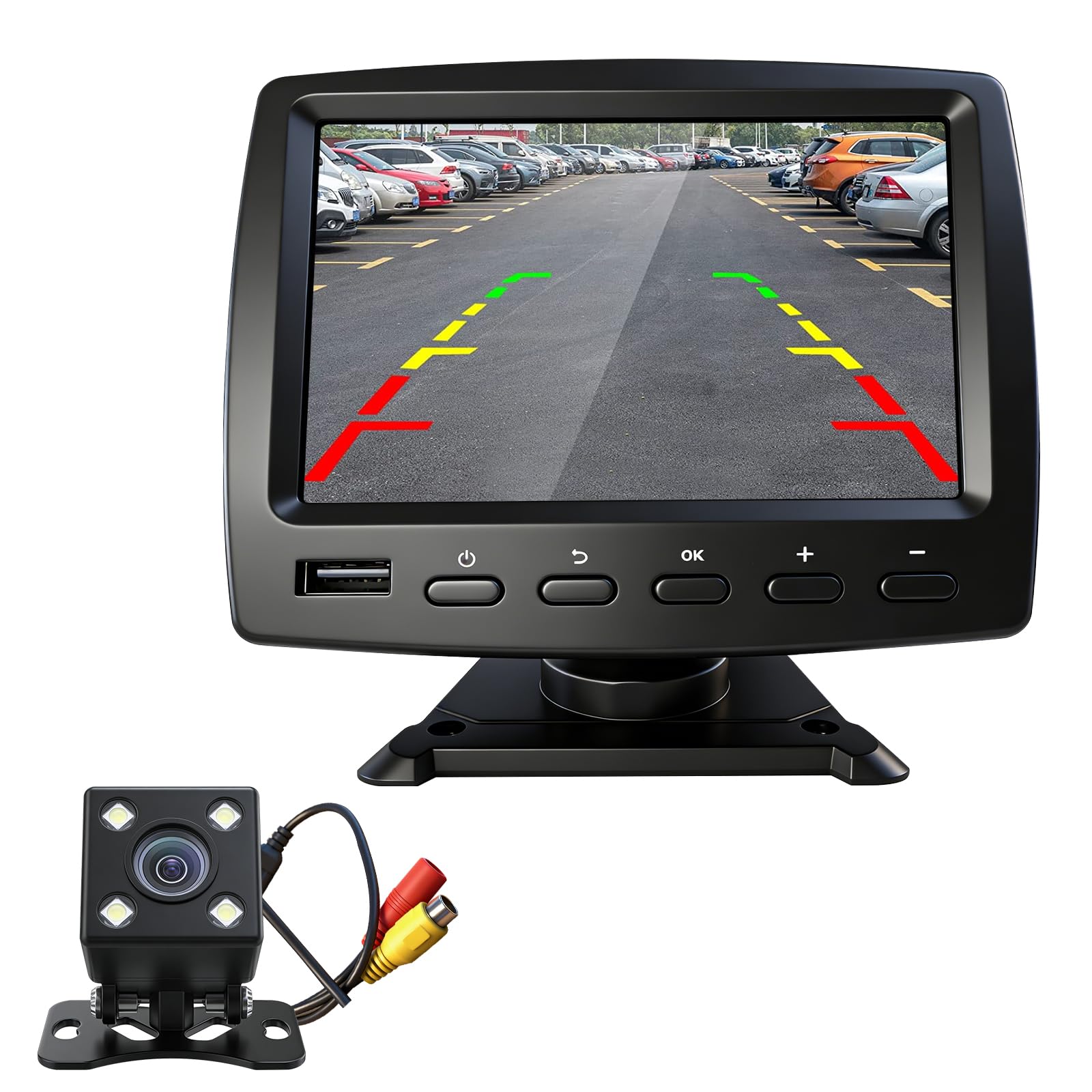 OBEST Kit Camara Marcha Atrás Coche con Radio FM Música Bluetooth y Monitor | Cámara Trasera Coche CVBS, Camara Aparcamiento Coche y Pantalla 4.3" Visión Nocturna para Furgonetas Caravana SUV 12V