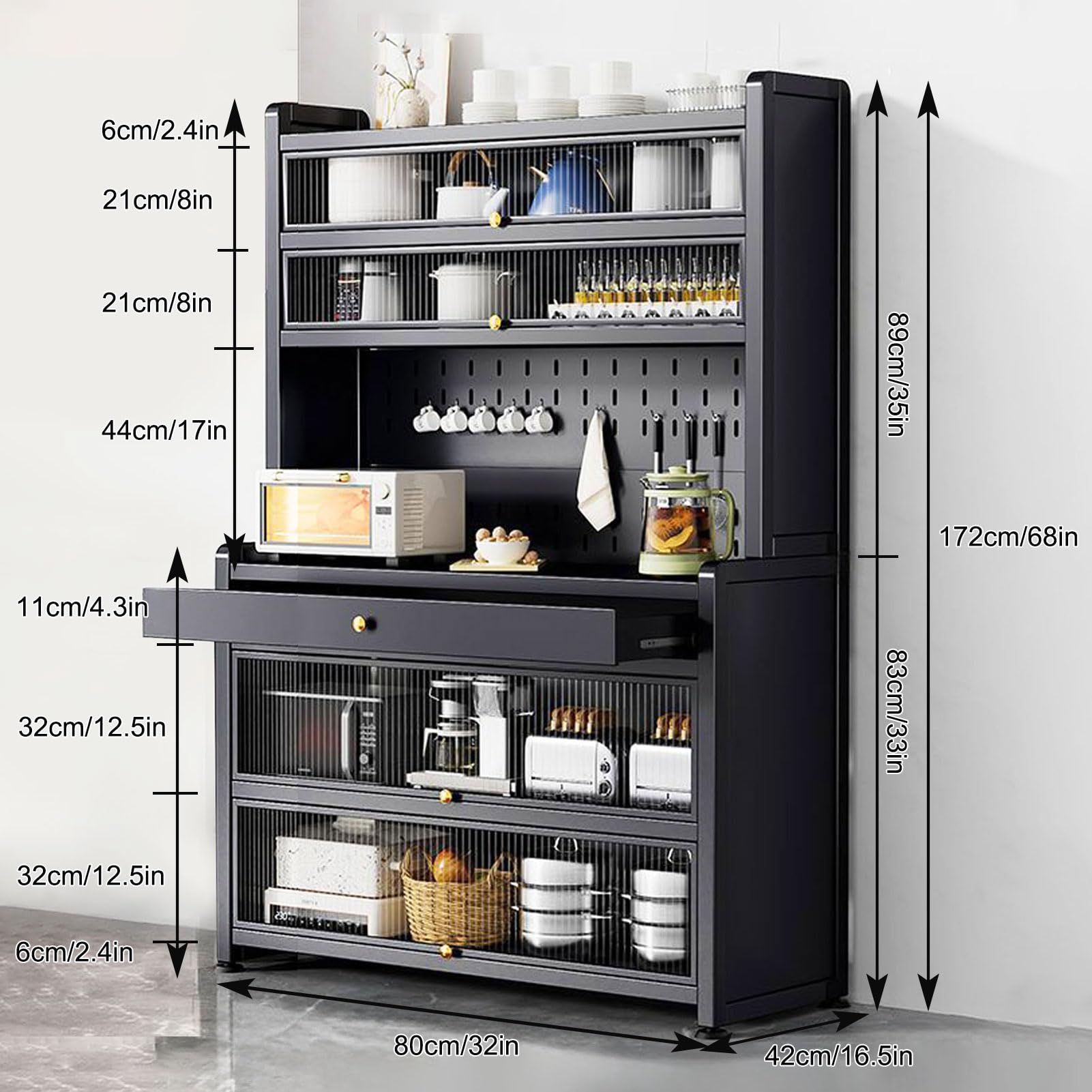 Armadietto moderno alto con supporto per microonde e cassetto, autoportante, con porte per cavi e ganci, elegante organizer per cucina e sala da pranzo, nero, 80 x 172 cm